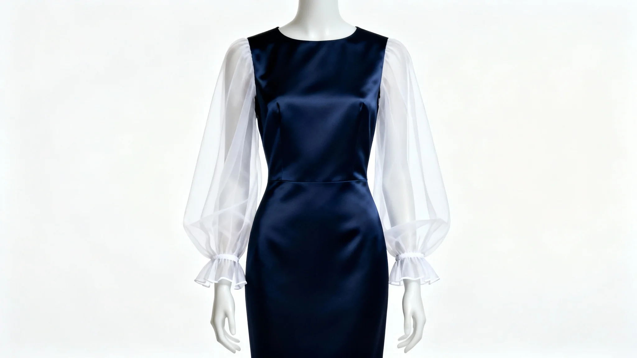 An elegant navy blue dress on a mannequin, shown against a white background, which has been transformed by the addition of stylish, sheer white bishop sleeves.