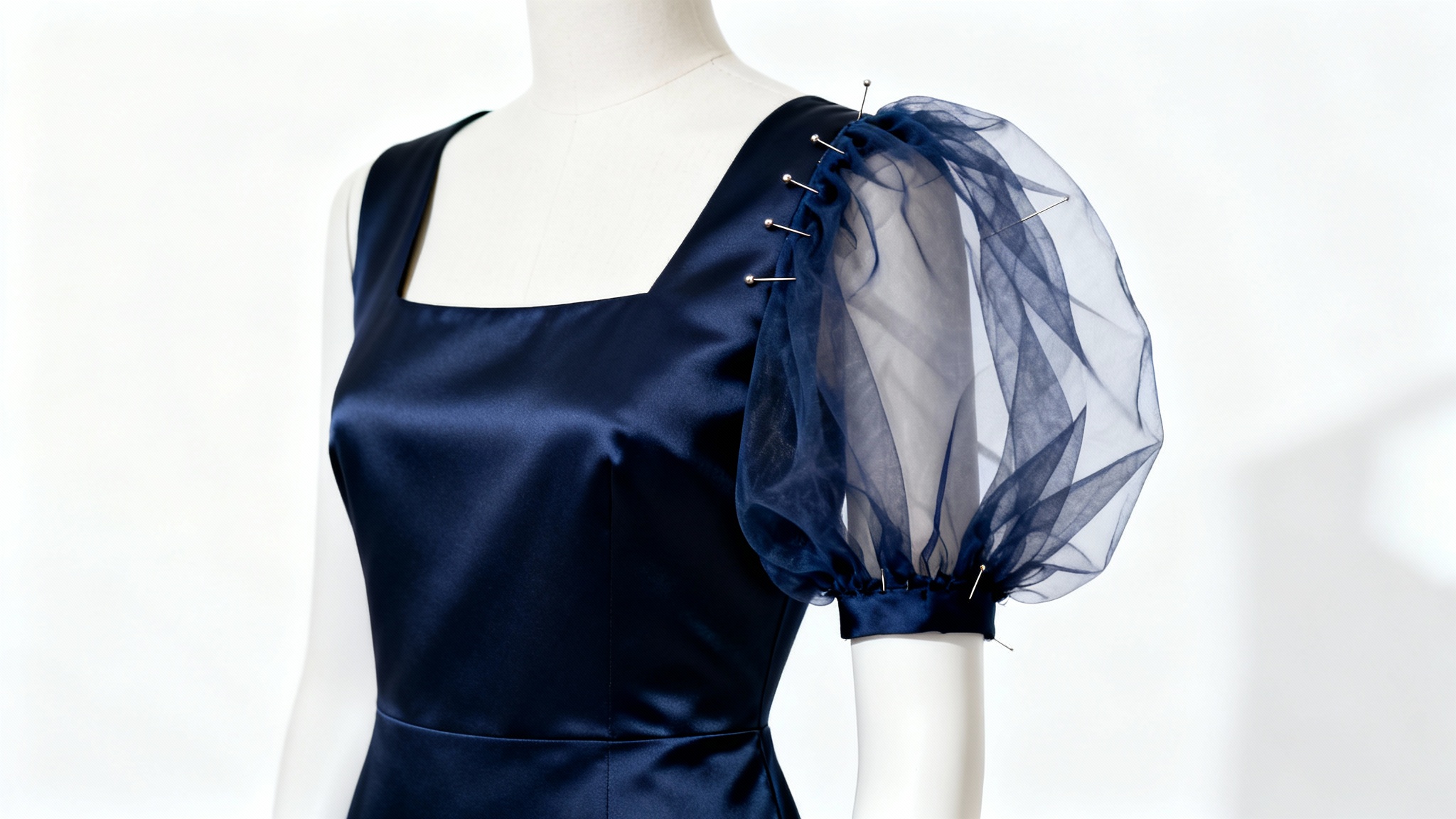 A mannequin wearing a sleeveless navy blue dress, with a sheer puff sleeve being added to one side, on a clean white background.
