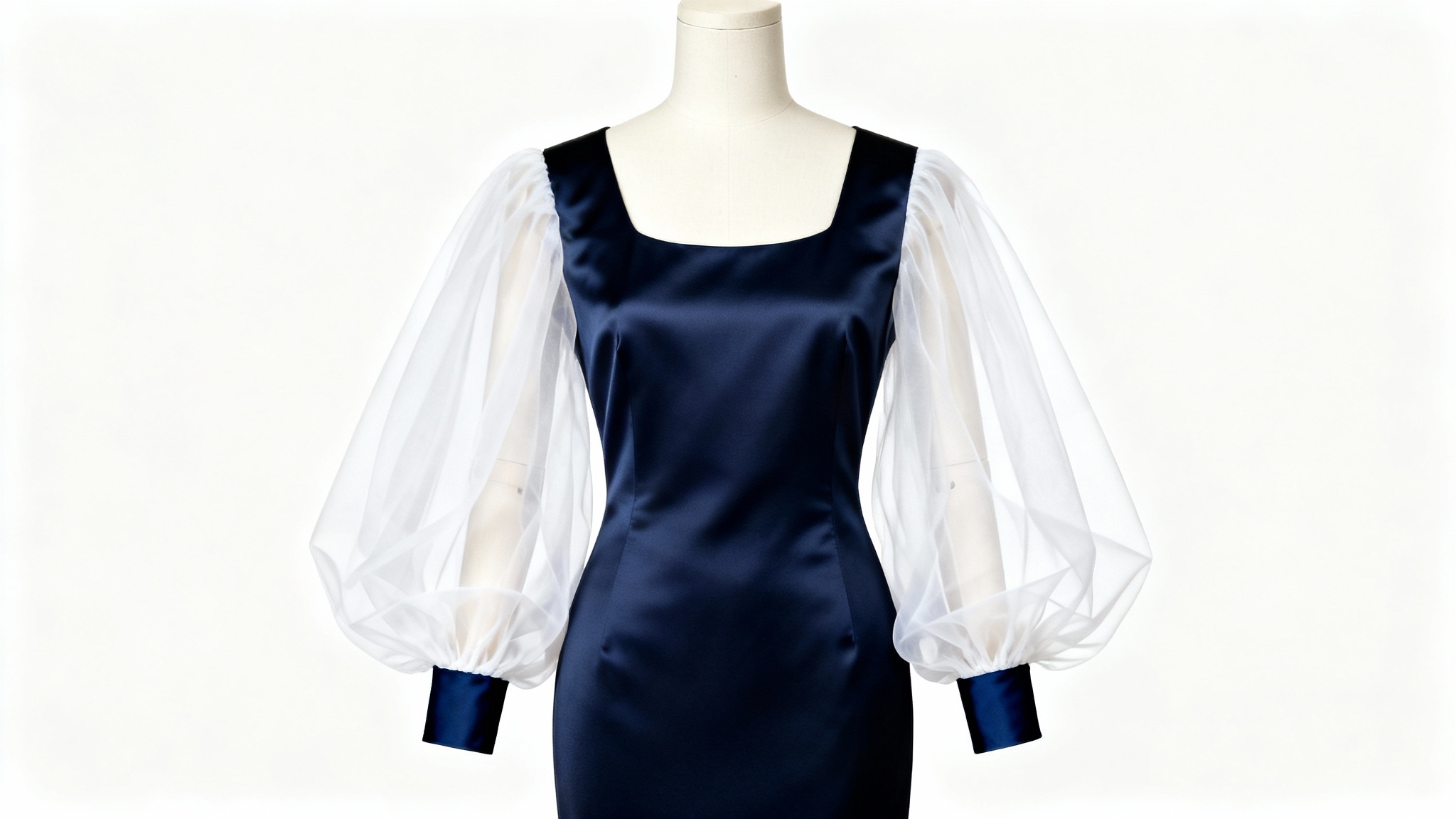 A stylish navy blue sleeveless dress is shown on a mannequin, with new, sheer white bishop sleeves added to it, against a clean white background.