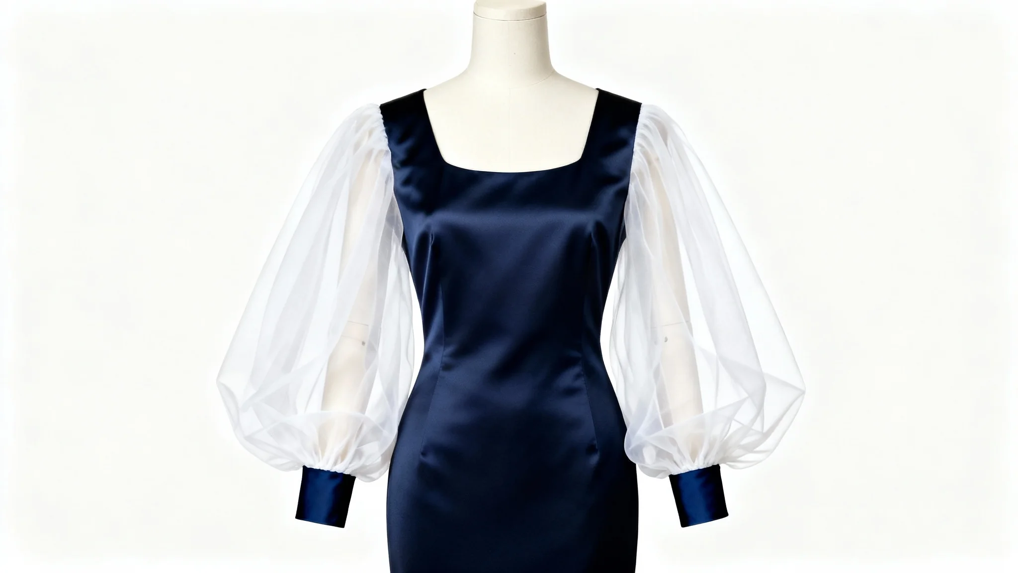 A stylish navy blue sleeveless dress is shown on a mannequin, with new, sheer white bishop sleeves added to it, against a clean white background.
