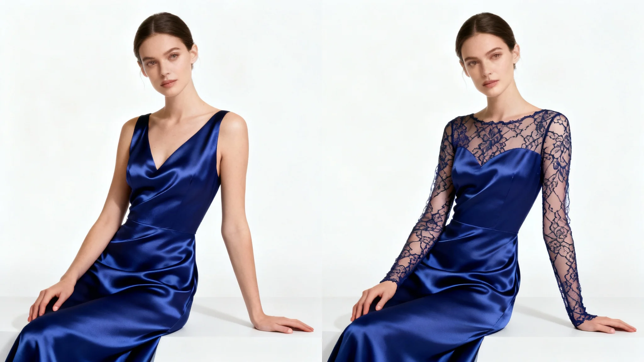 A split-screen image showing a before-and-after view of a dress. The left side shows a sleeveless blue gown, and the right side shows the same gown with long, sheer lace sleeves added.
