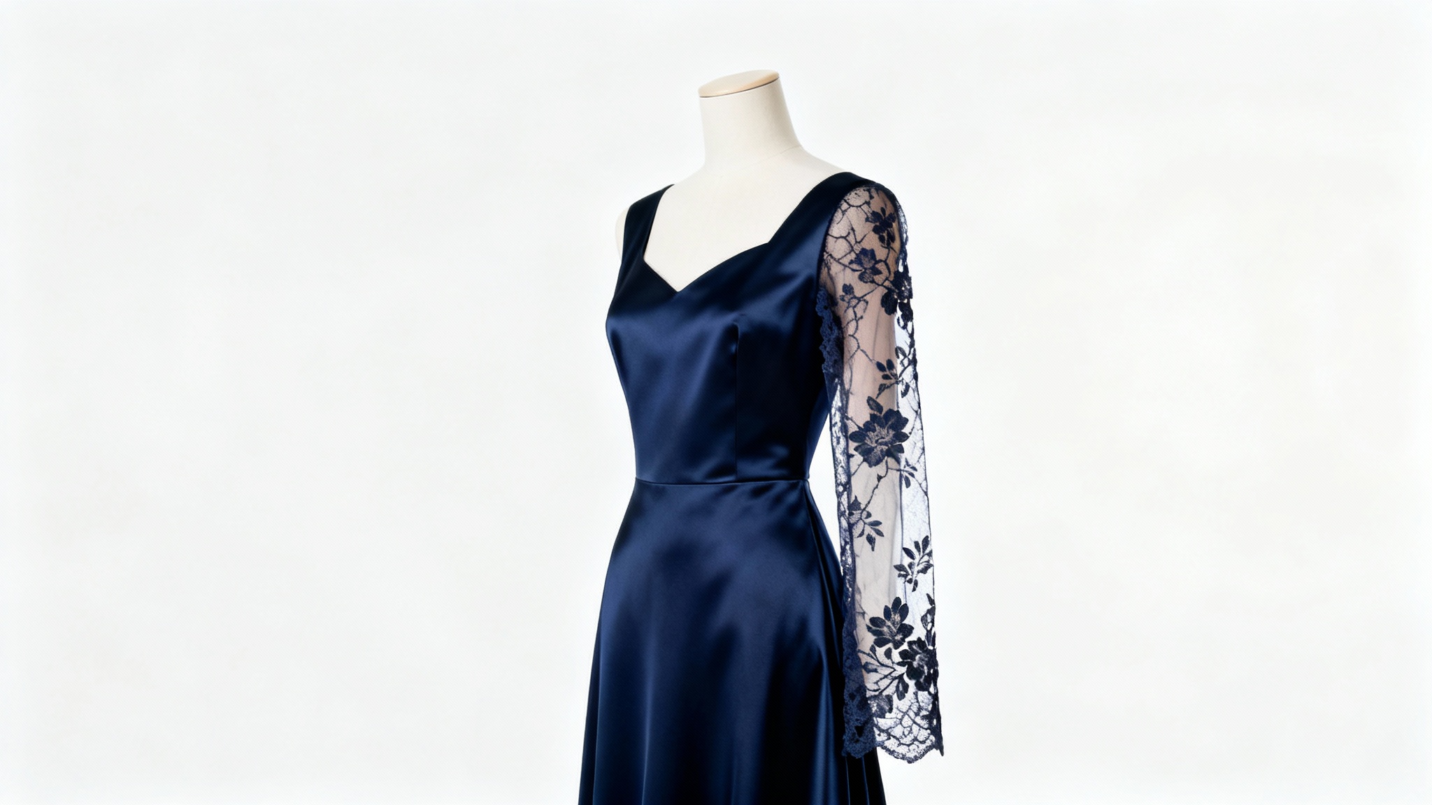 A navy blue satin dress on a mannequin, with the left side being sleeveless and the right side featuring an elegant lace sleeve, demonstrating a dress alteration.