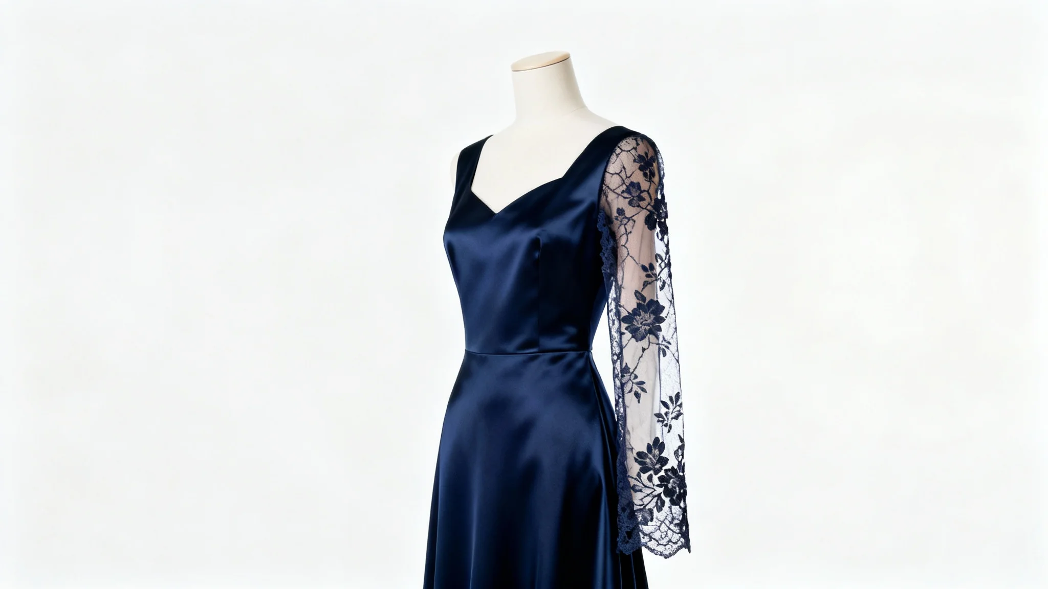 A navy blue satin dress on a mannequin, with the left side being sleeveless and the right side featuring an elegant lace sleeve, demonstrating a dress alteration.