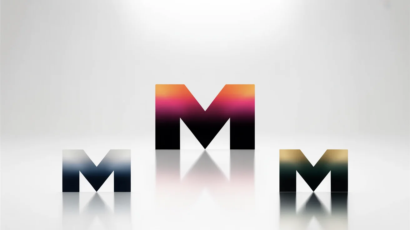 A grid showcasing a stylized 'M' logo in four different color schemes to demonstrate a recoloring tool. The central, largest logo has a sunset gradient, and is surrounded by smaller logos in blue/silver, green/beige, and gold/purple palettes.