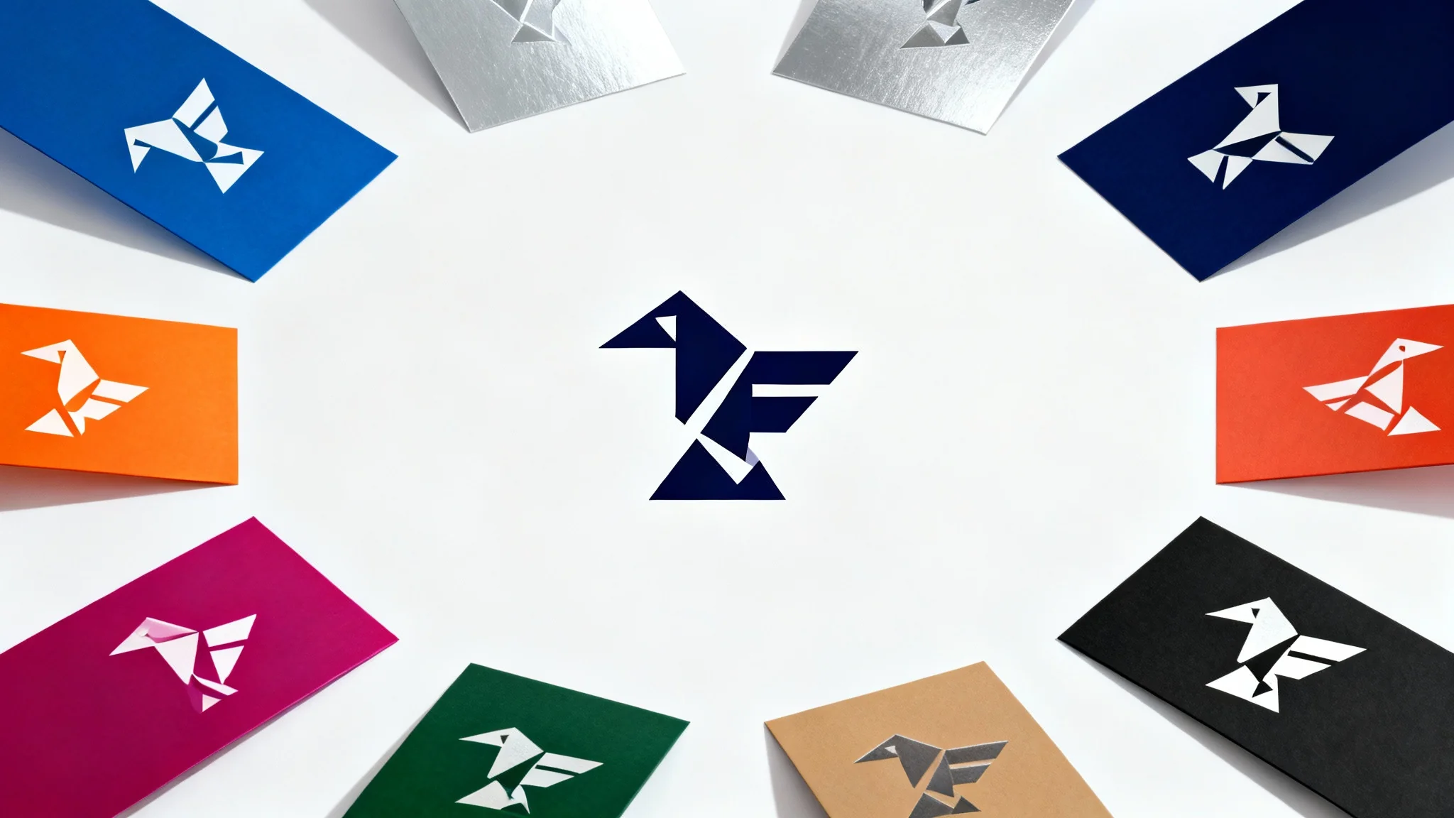 A conceptual image for logo recoloring, featuring a central geometric bird logo surrounded by four identical copies, each in a different color scheme: blue/silver, orange/magenta, green/tan, and black/white.