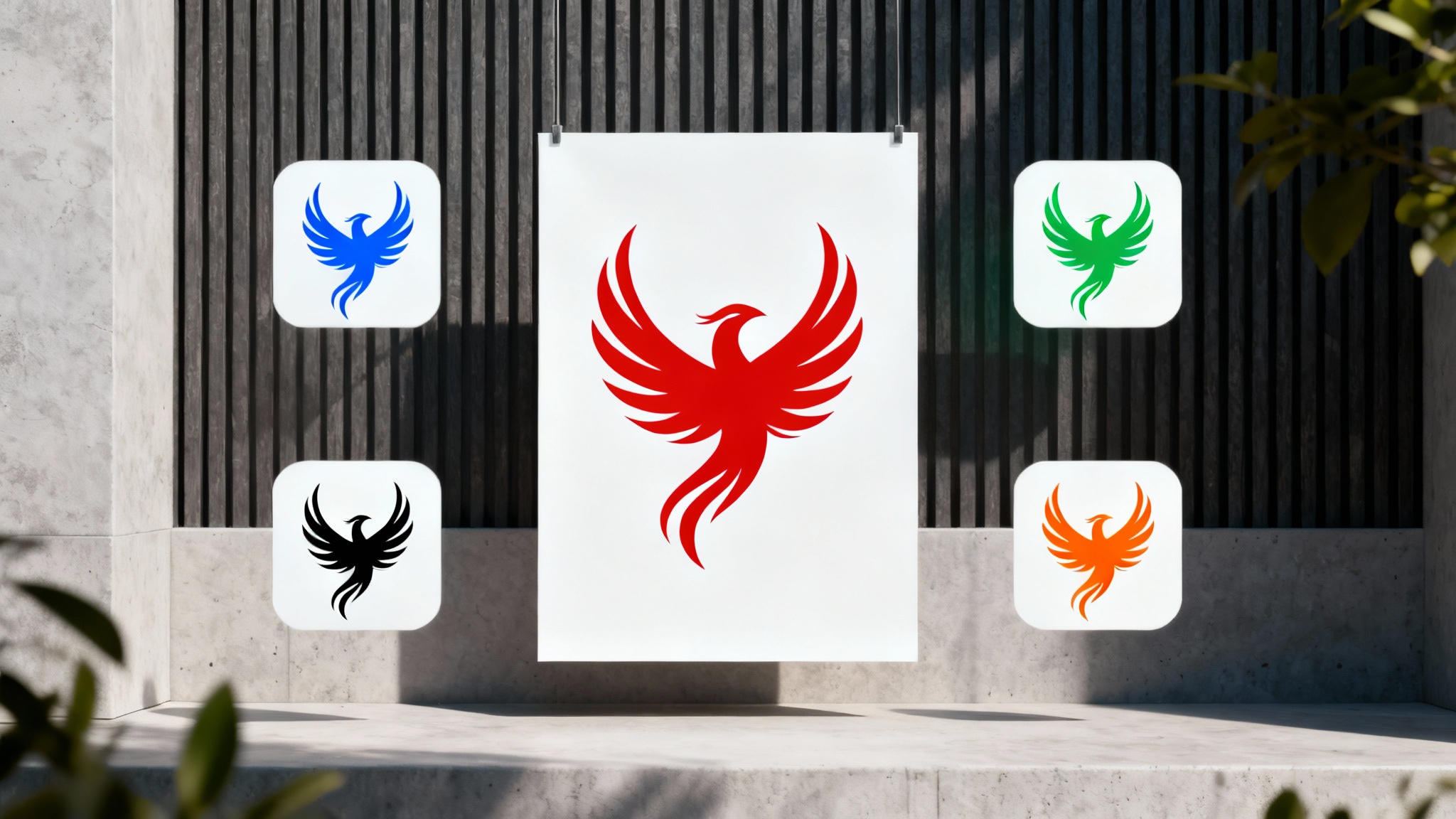 A central vector logo of a phoenix in red, surrounded by four smaller identical logos in blue, green, black, and orange, illustrating the logo recoloring process on a white background.