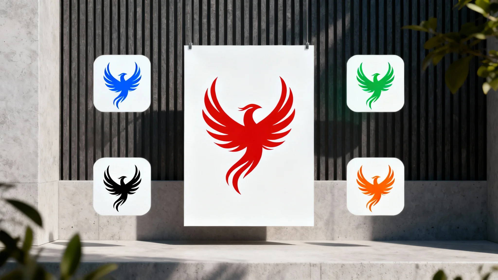A central vector logo of a phoenix in red, surrounded by four smaller identical logos in blue, green, black, and orange, illustrating the logo recoloring process on a white background.