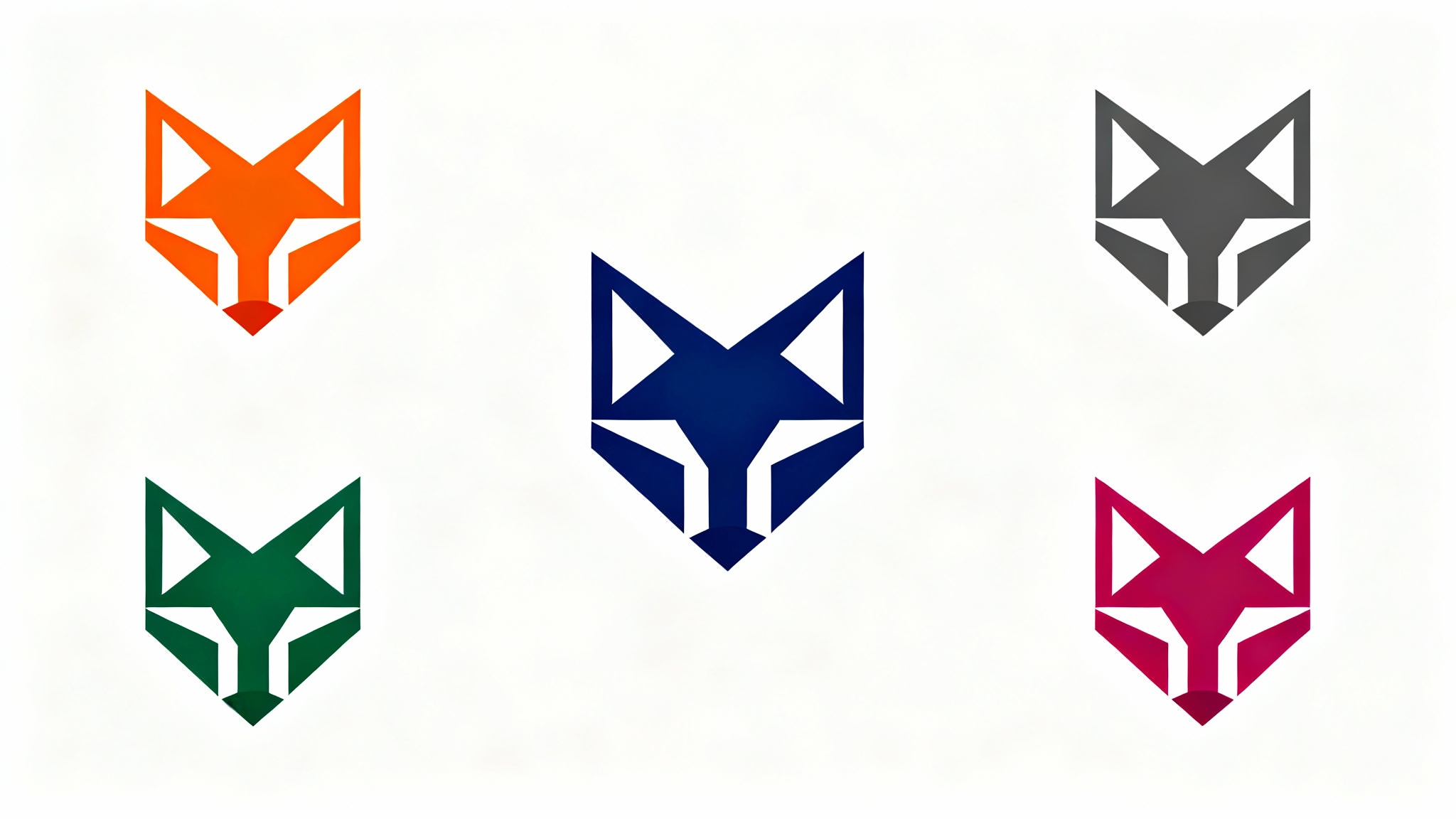 A central logo of a navy blue geometric fox head surrounded by four identical logos in orange, green, grey, and magenta, illustrating the concept of logo recoloring on a clean white background.