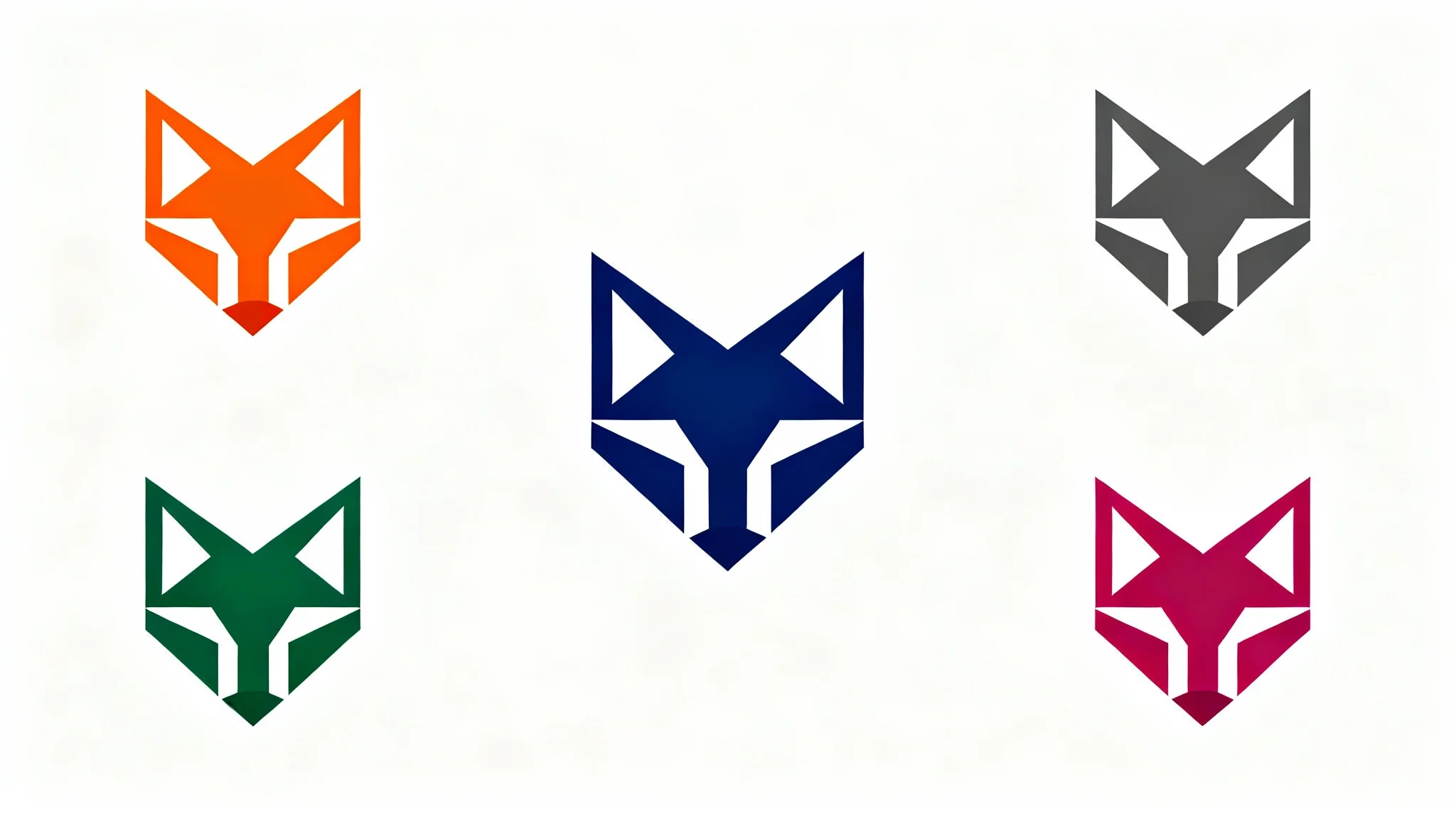 A central logo of a navy blue geometric fox head surrounded by four identical logos in orange, green, grey, and magenta, illustrating the concept of logo recoloring on a clean white background.