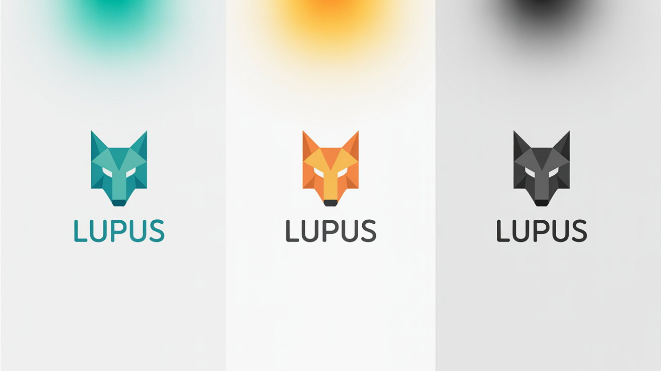 A mockup showing three variations of a geometric wolf head logo with the brand name 'LUPUS'. The logos are arranged horizontally on a white background, each with a different color scheme: one blue/teal, one orange/yellow, and one black/grey.
