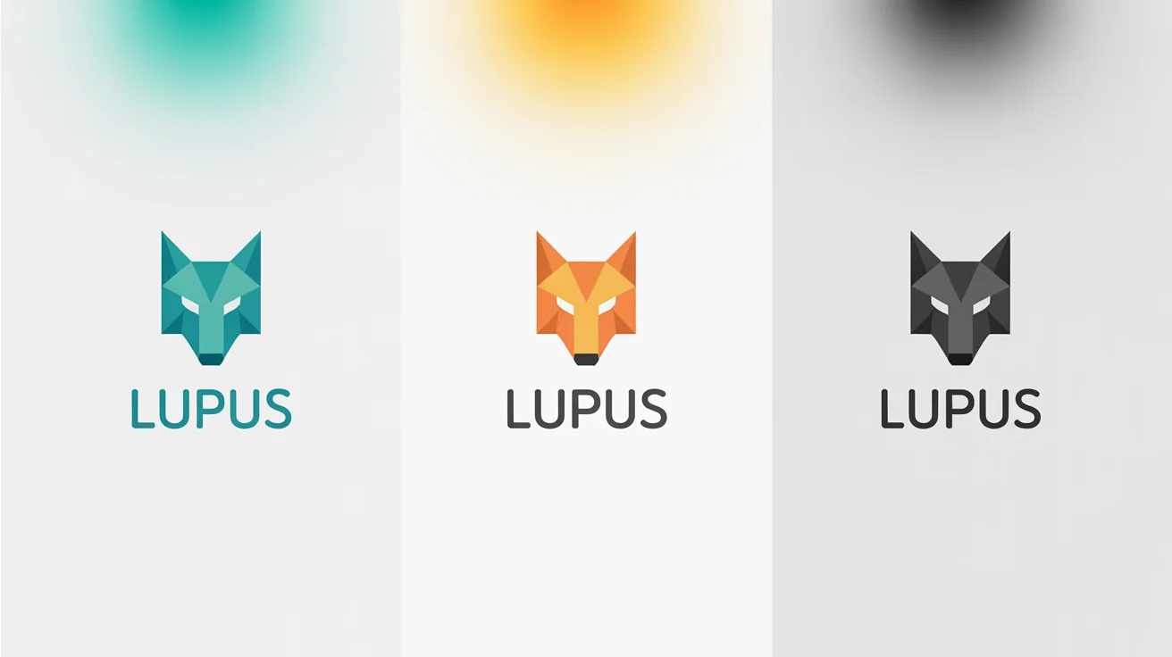 A mockup showing three variations of a geometric wolf head logo with the brand name 'LUPUS'. The logos are arranged horizontally on a white background, each with a different color scheme: one blue/teal, one orange/yellow, and one black/grey.