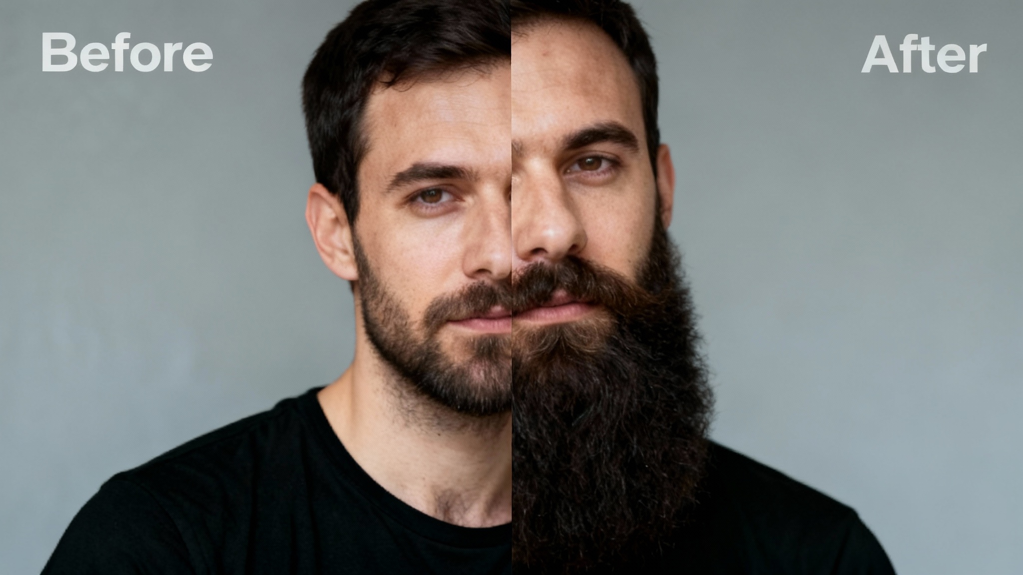 A before-and-after comparison image showing the result of a beard thickening tool. On the left, a man has a patchy beard; on the right, the same man has a full, thick beard.