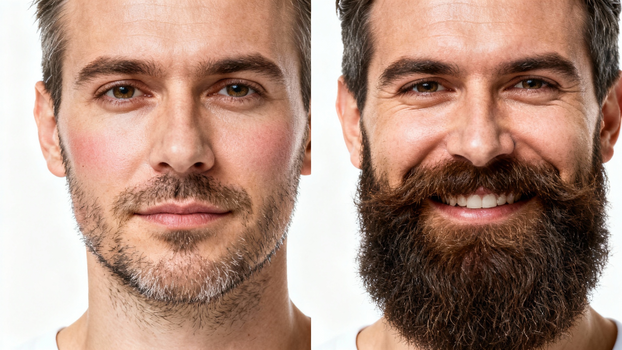 A before-and-after comparison image illustrating the 'thicken beard' use case, showing a man's beard transforming from patchy and thin to thick and full.