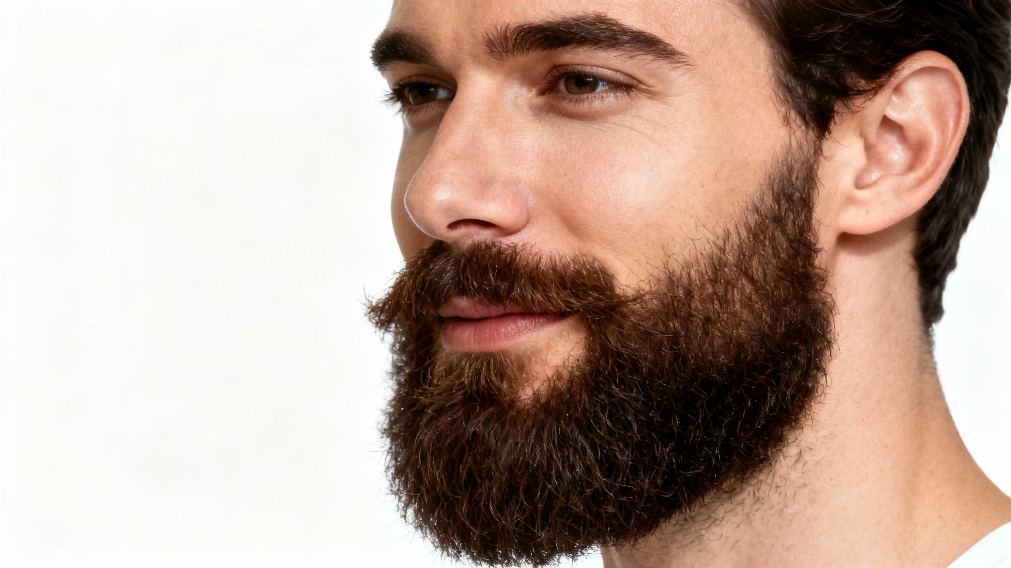 A close-up photograph of a man with a very thick, full, and neatly groomed dark beard, shown from the side against a white background to emphasize its density.