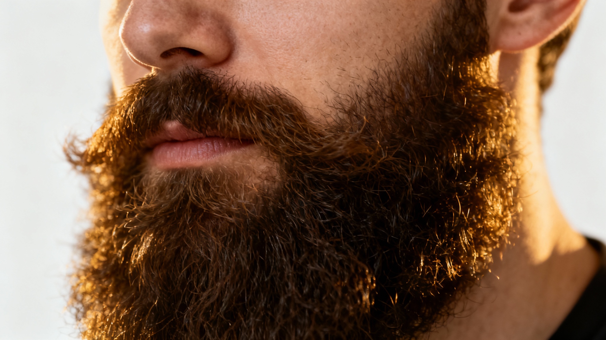 A close-up, photorealistic image of a man's lower face, showcasing a very thick, full, and healthy dark beard against a plain white background.