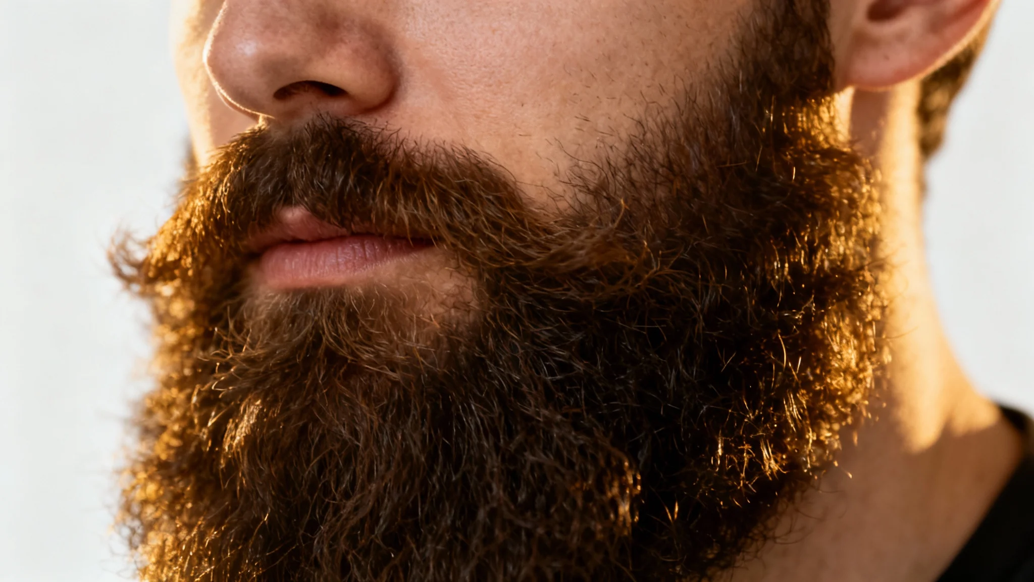 A close-up, photorealistic image of a man's lower face, showcasing a very thick, full, and healthy dark beard against a plain white background.