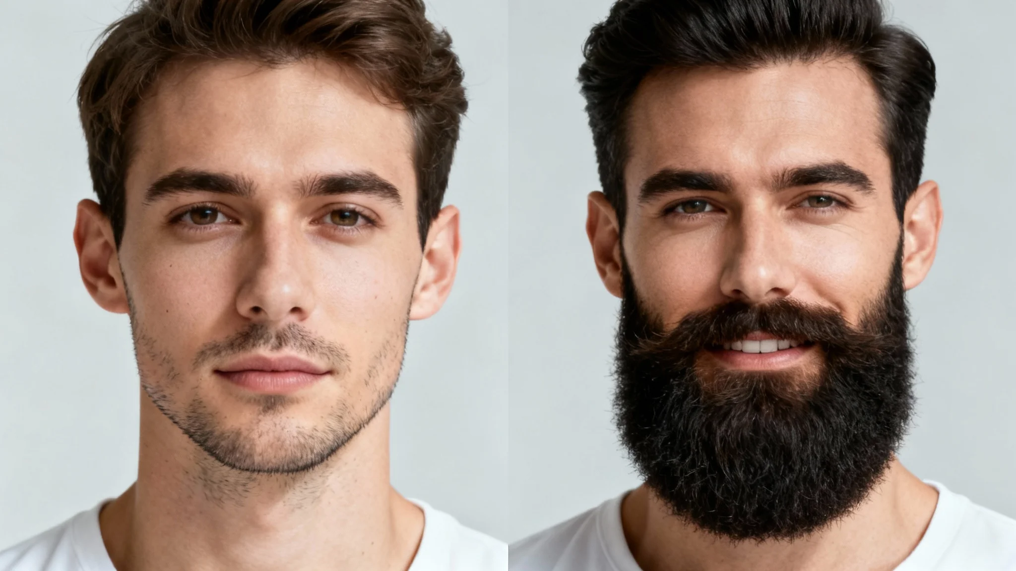 A comparison image showing a man's face in two states: on the left with a thin, patchy beard, and on the right with a thick, full, and well-groomed beard, demonstrating the effect of beard thickening.