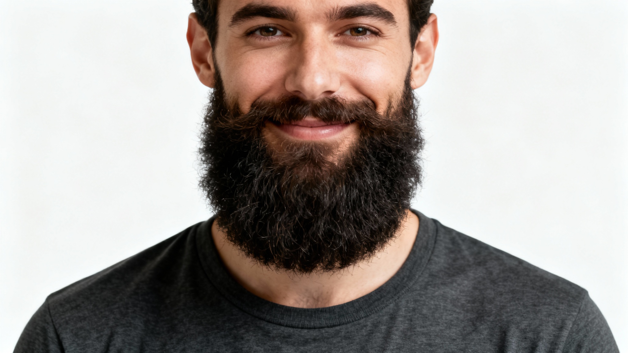 A close-up studio photograph of a man with a very thick, full, and well-groomed dark beard, looking confidently at the camera against a white background.