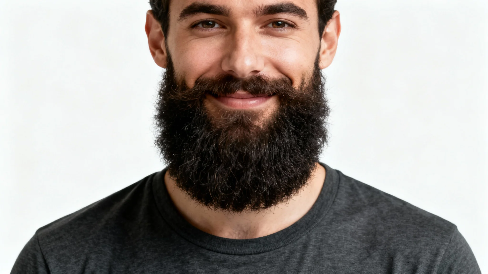 A close-up studio photograph of a man with a very thick, full, and well-groomed dark beard, looking confidently at the camera against a white background.