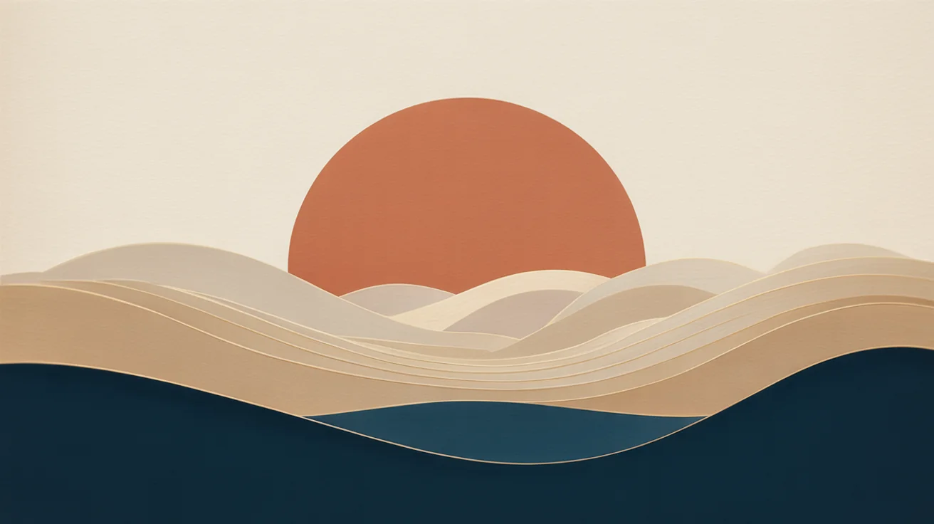 A minimalist digital art piece in a 16:9 format, featuring abstract rolling hills in beige and a large navy blue semi-circle sun against a cream-colored sky.