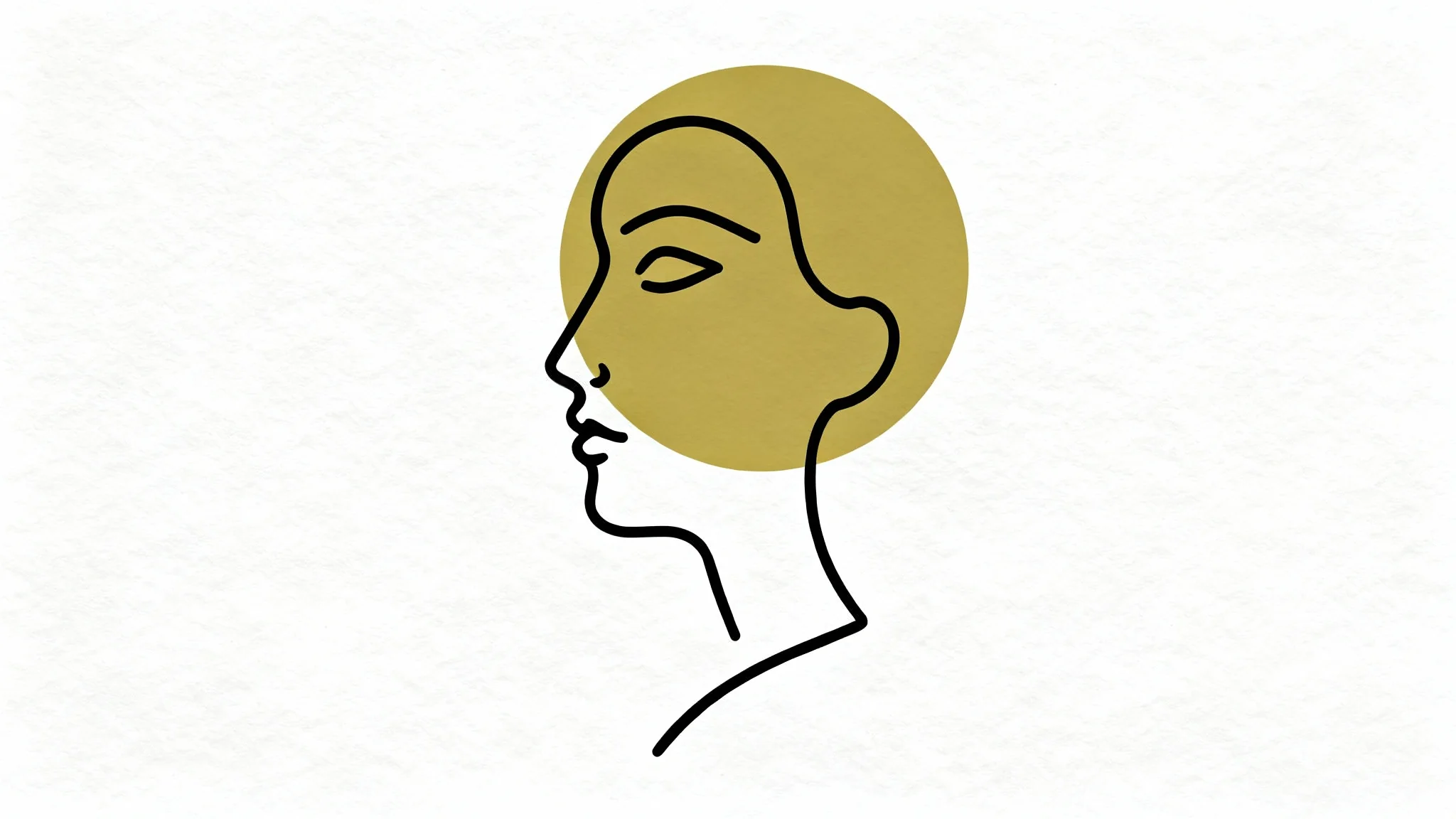 A modern minimalistic art piece featuring a single black line drawing of an abstract face over a muted yellow circle, on a clean white background.