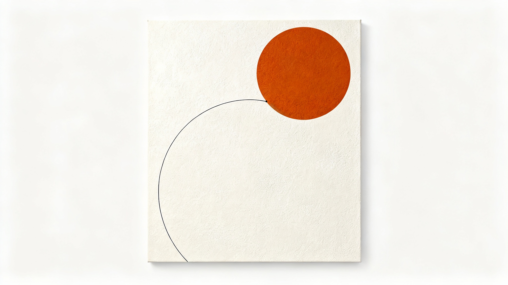 A piece of minimalist art featuring a burnt orange circle in the top right and a thin black arc in the bottom left, set against a white background.