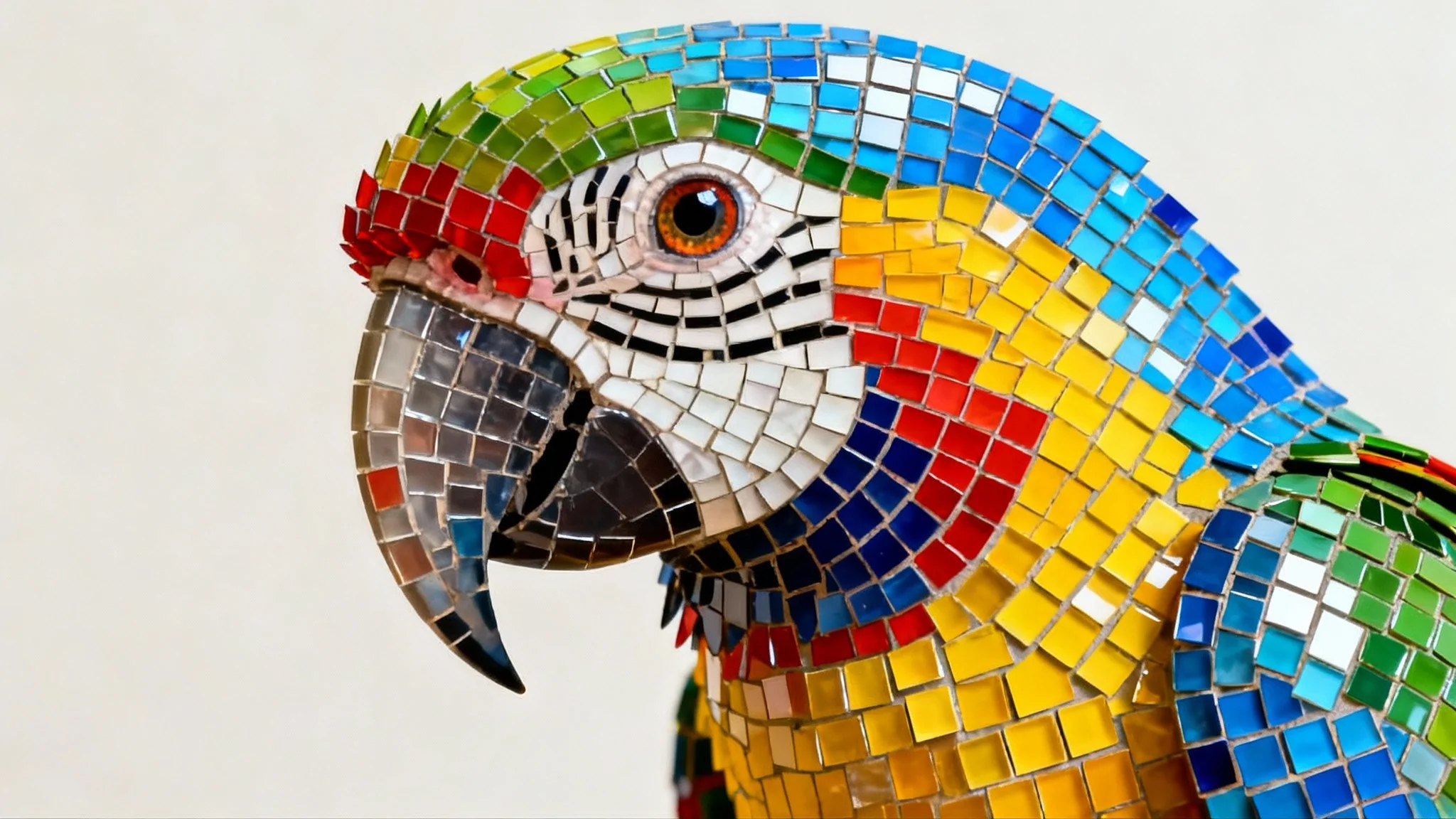 A beautiful and intricate digital mosaic portrait of a colorful macaw, created from thousands of tiny square tiles, showcasing the result of a mosaic generator tool.