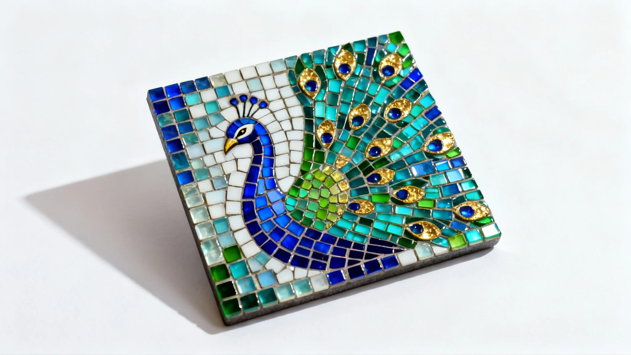 A professionally photographed mockup of a square mosaic artwork featuring a vibrant peacock made of small, glossy blue, green, and gold tiles, set against a plain white background.