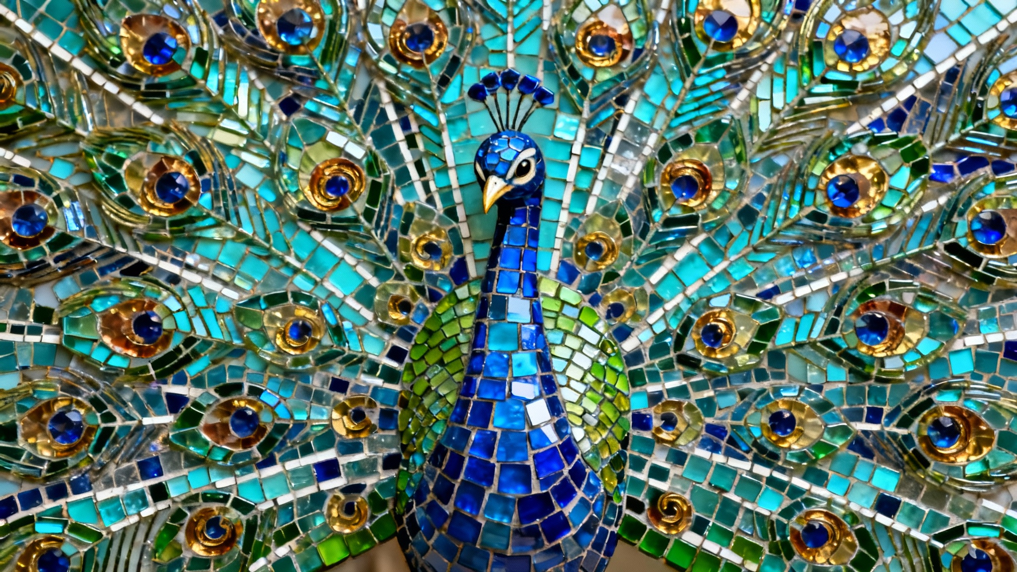 A highly detailed, photorealistic mosaic of a peacock with vibrant blue and green glass tiles, set against a stark white background.