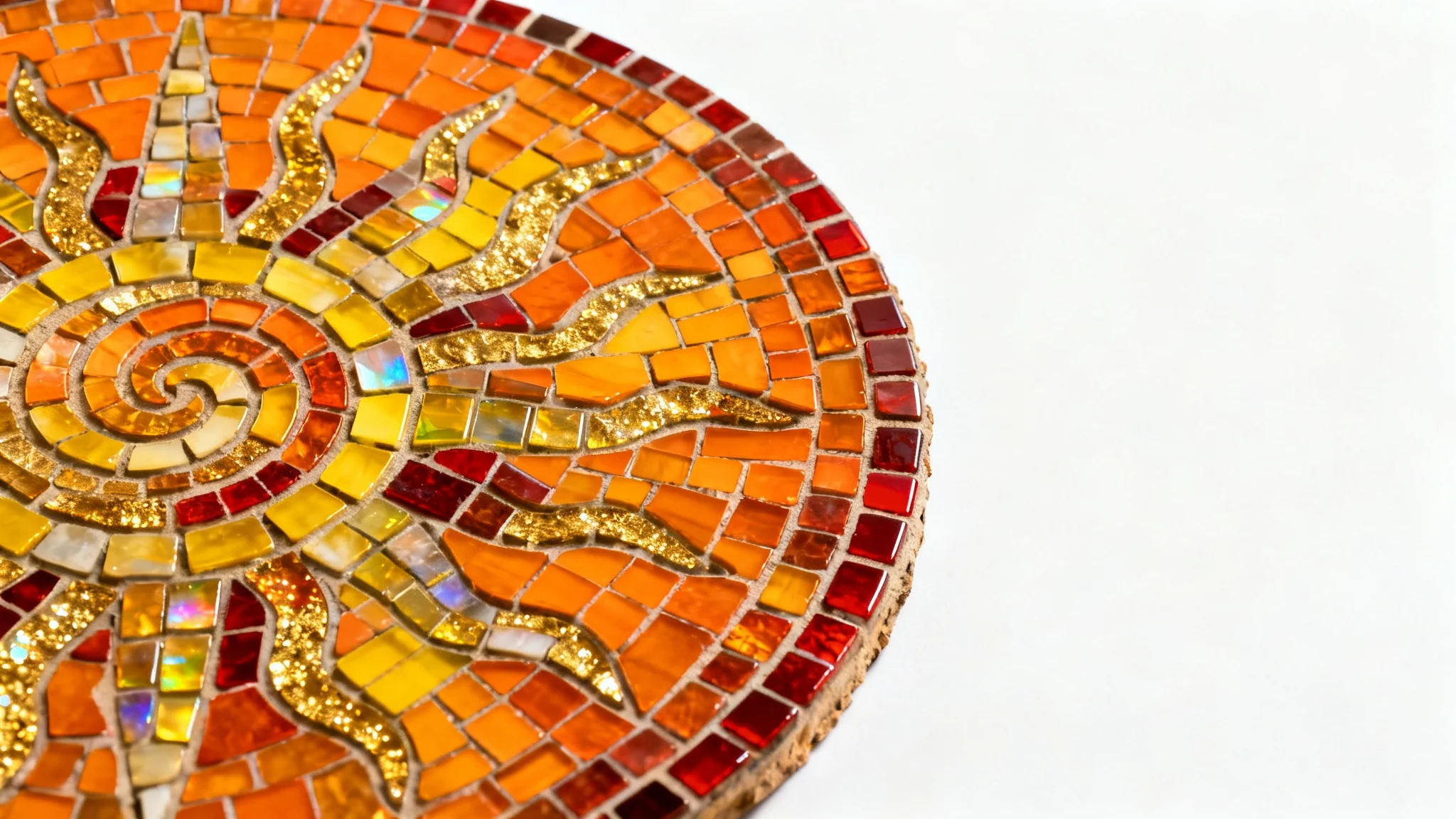 A photorealistic image of a circular mosaic artwork depicting a vibrant sun, made from colorful glass and gold tiles, set against a plain white background.