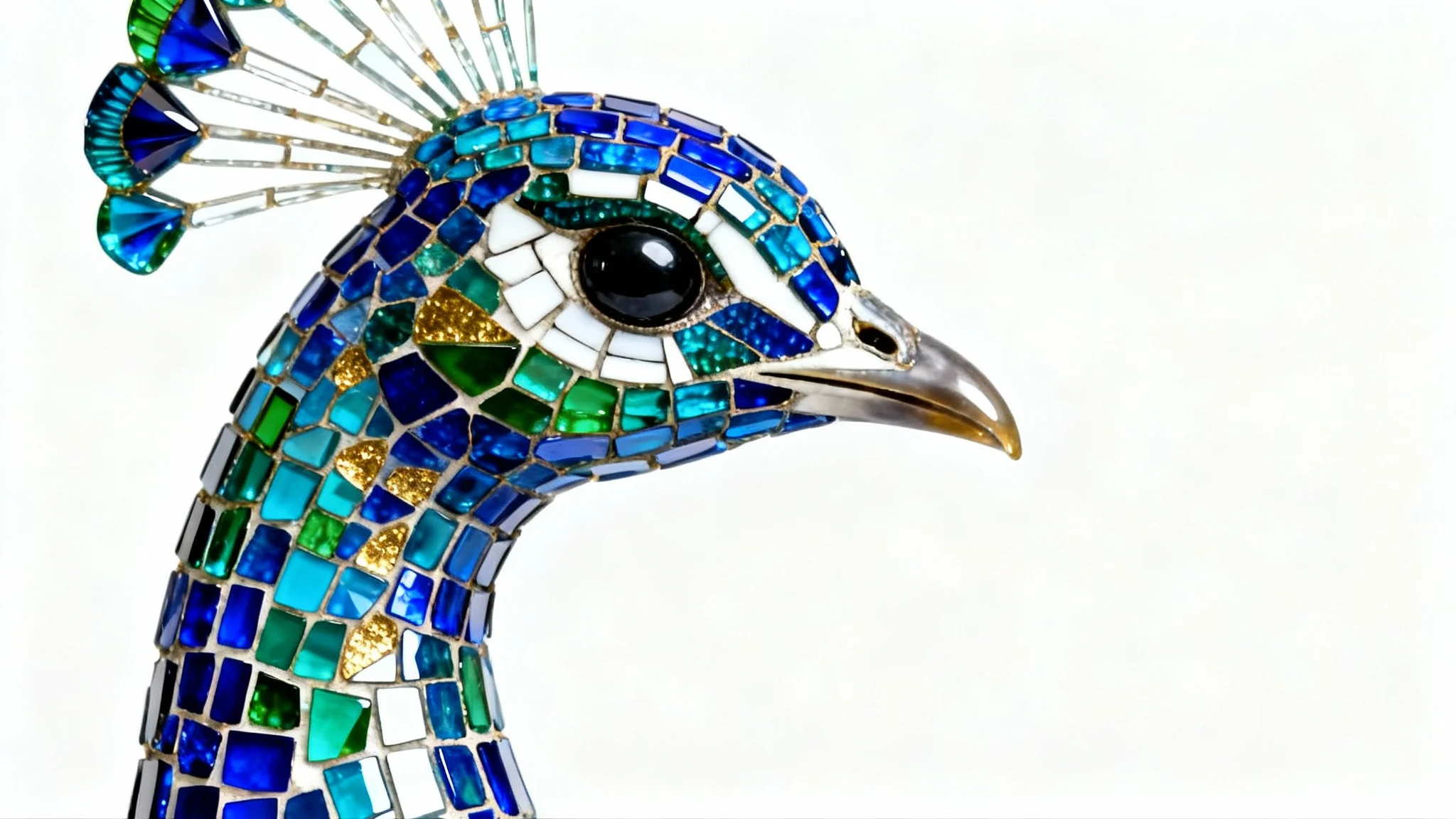 A hyper-detailed mockup of a peacock mosaic, showcasing its head and neck crafted from vibrant blue, green, and gold glass tiles against a stark white background.