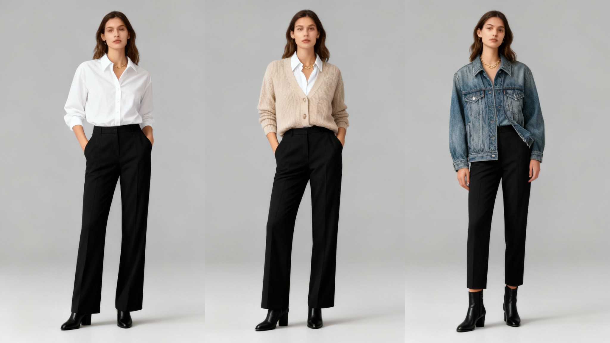 A three-panel image demonstrating a capsule wardrobe. A stylish woman wears three different outfits created from the same clothes: black trousers, a white shirt, a beige cardigan, and a denim jacket, showing the versatility of the collection.