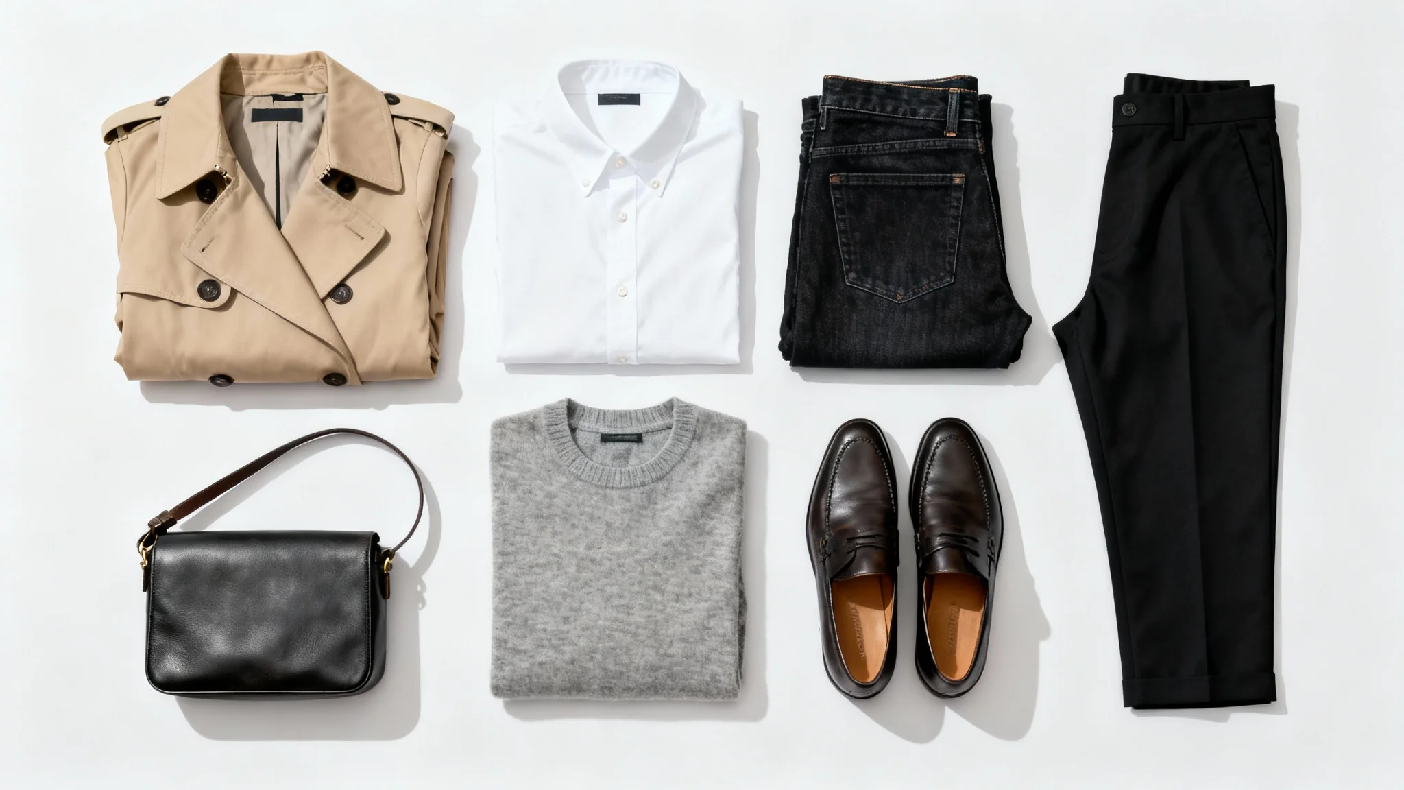 A top-down view of a minimalist capsule wardrobe neatly arranged on a white background, featuring a trench coat, sweater, shirt, and trousers in a neutral color scheme.