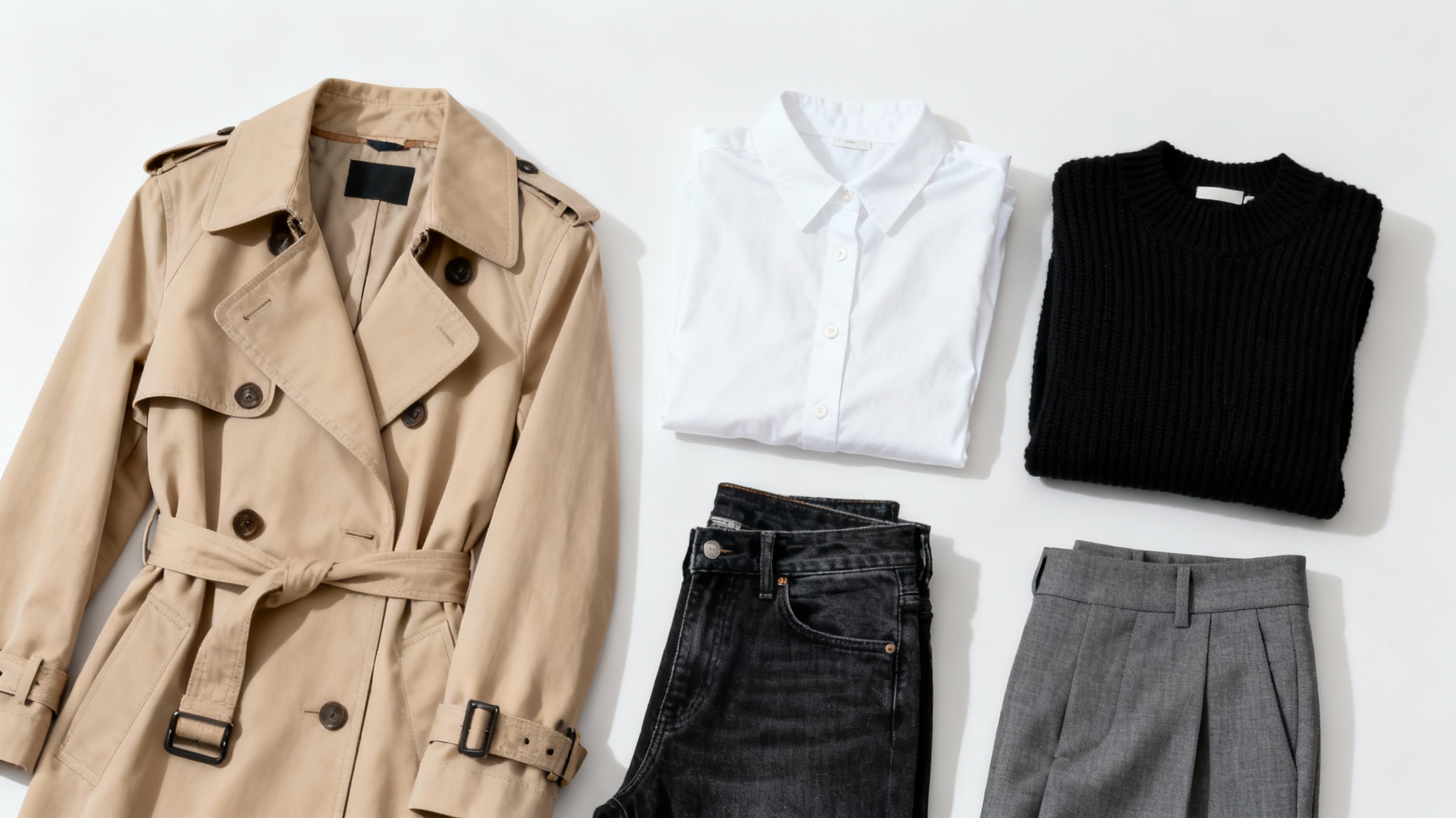 A neatly arranged flat lay of a women's capsule wardrobe on a white background, featuring a trench coat, jeans, sweater, shirt, and trousers in a neutral color palette.