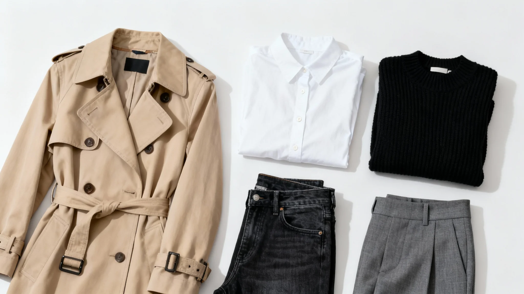 A neatly arranged flat lay of a women's capsule wardrobe on a white background, featuring a trench coat, jeans, sweater, shirt, and trousers in a neutral color palette.