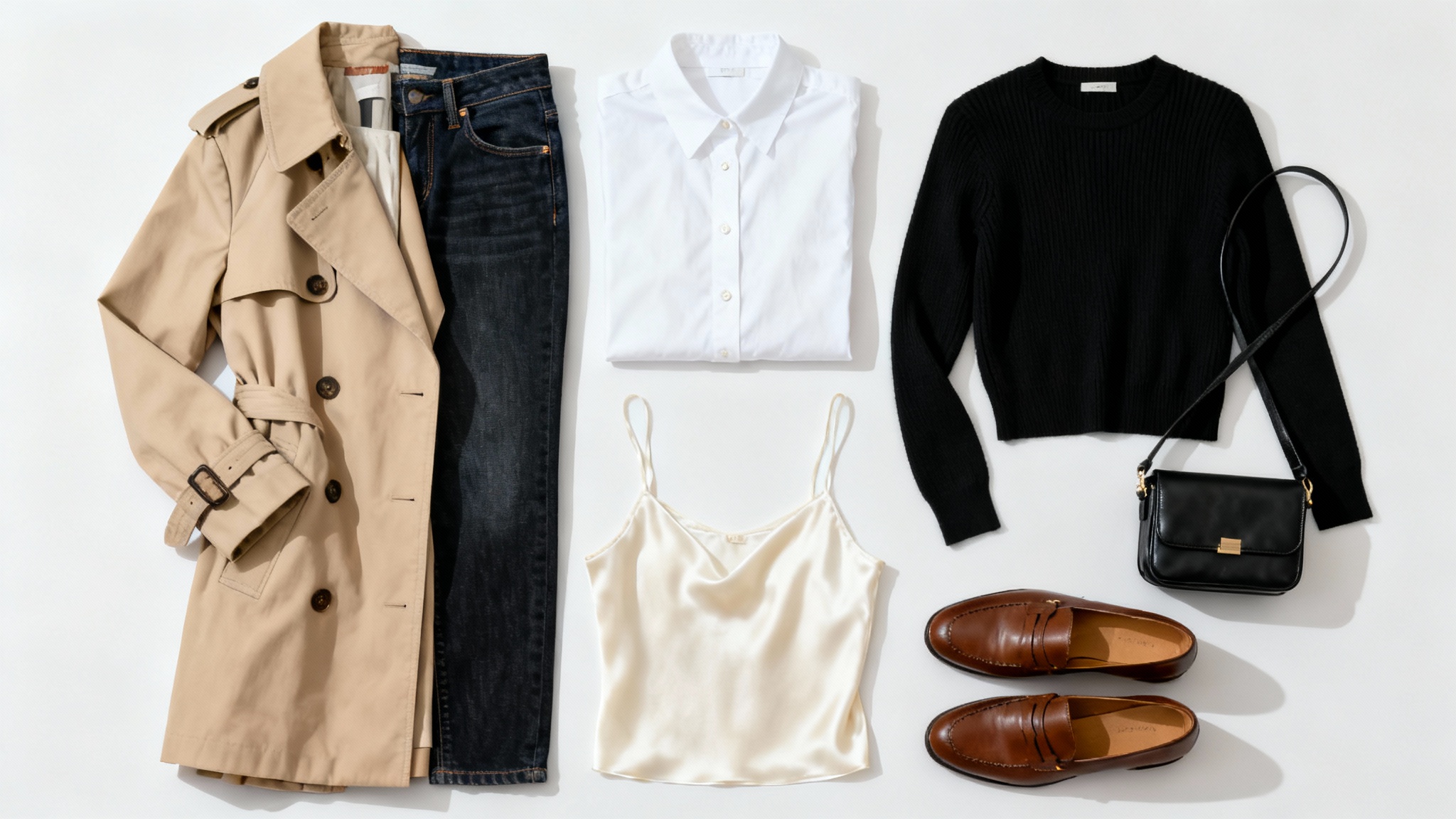 A minimalist flat lay of a women's capsule wardrobe with neutral-colored clothing like a trench coat, shirt, jeans, and sweater, neatly arranged on a white background.