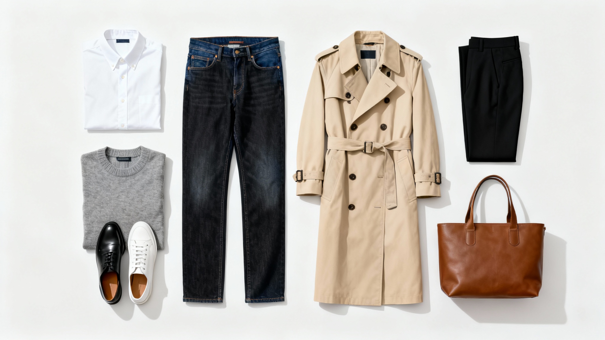 A minimalist flat lay of a women's capsule wardrobe, featuring neutral-colored items like a trench coat, sweater, and jeans neatly arranged on a white background.