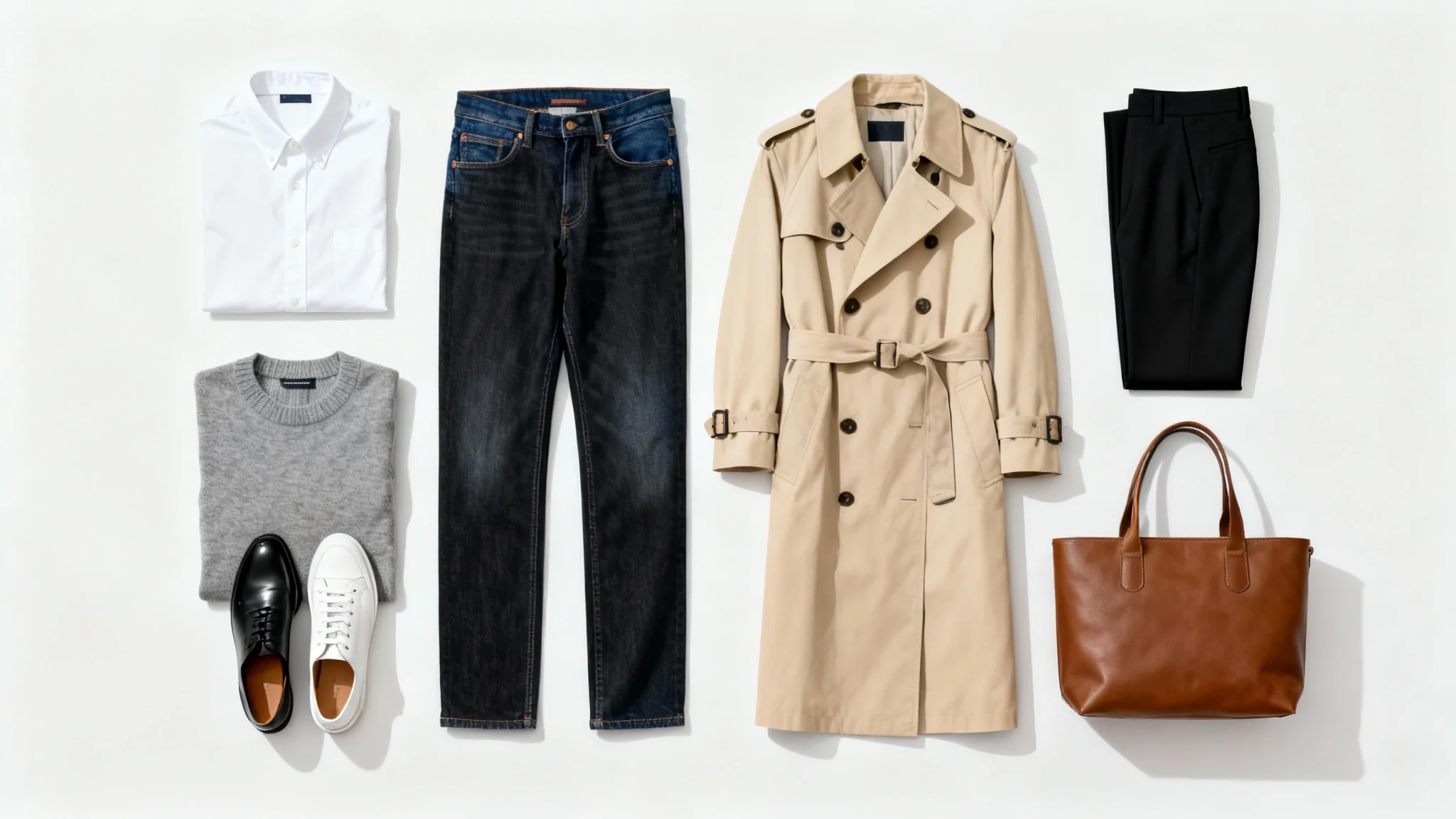 A minimalist flat lay of a women's capsule wardrobe, featuring neutral-colored items like a trench coat, sweater, and jeans neatly arranged on a white background.