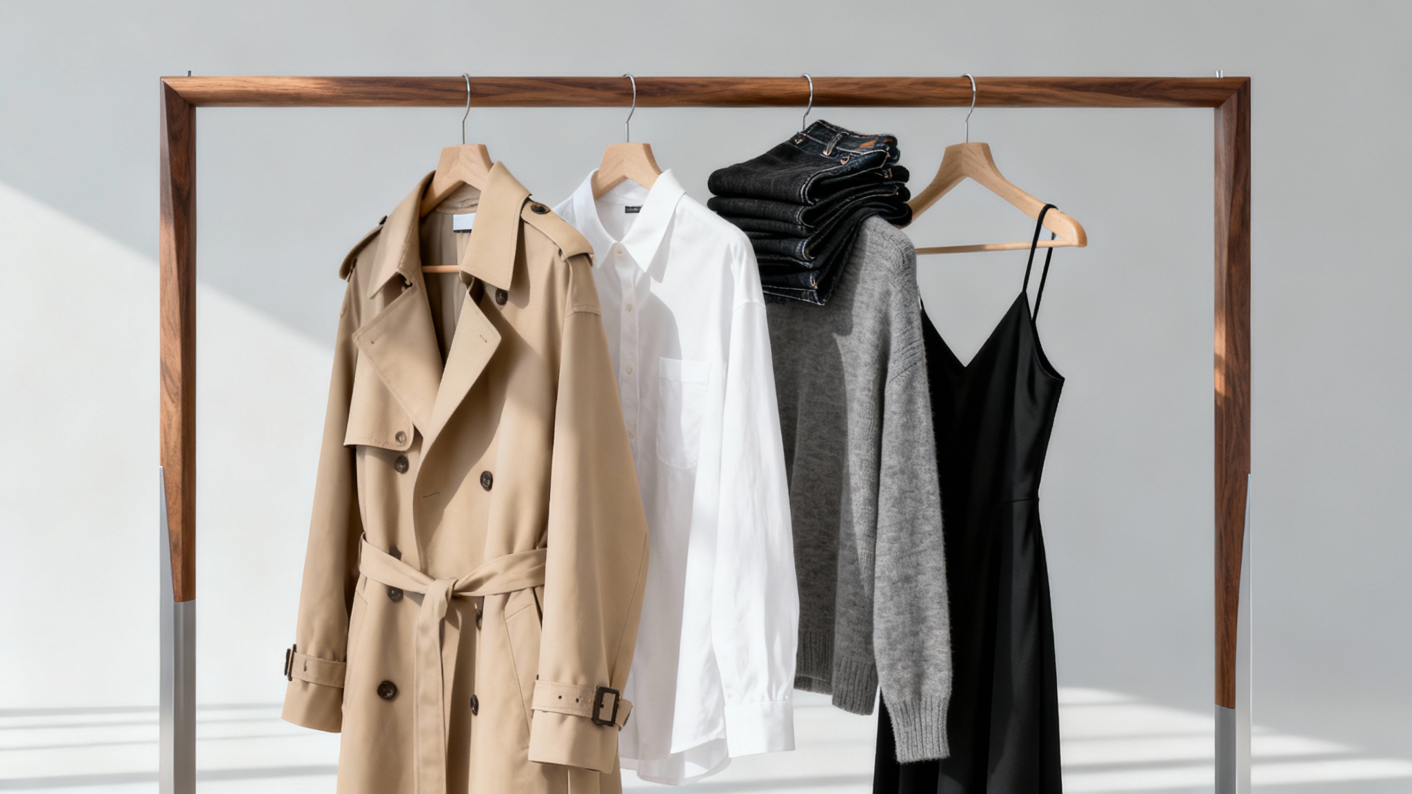 A minimalist capsule wardrobe displayed on a modern wooden clothing rack against a plain light grey background. The collection features neutral-colored essentials like a beige coat, white shirt, and grey sweater.