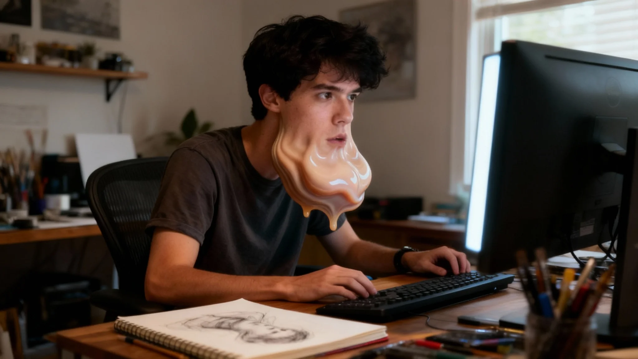 A high-quality, photorealistic image of a young man whose face has been comically distorted with an exaggeratedly large chin and stretched cheeks, demonstrating the result of a liquify face tool.