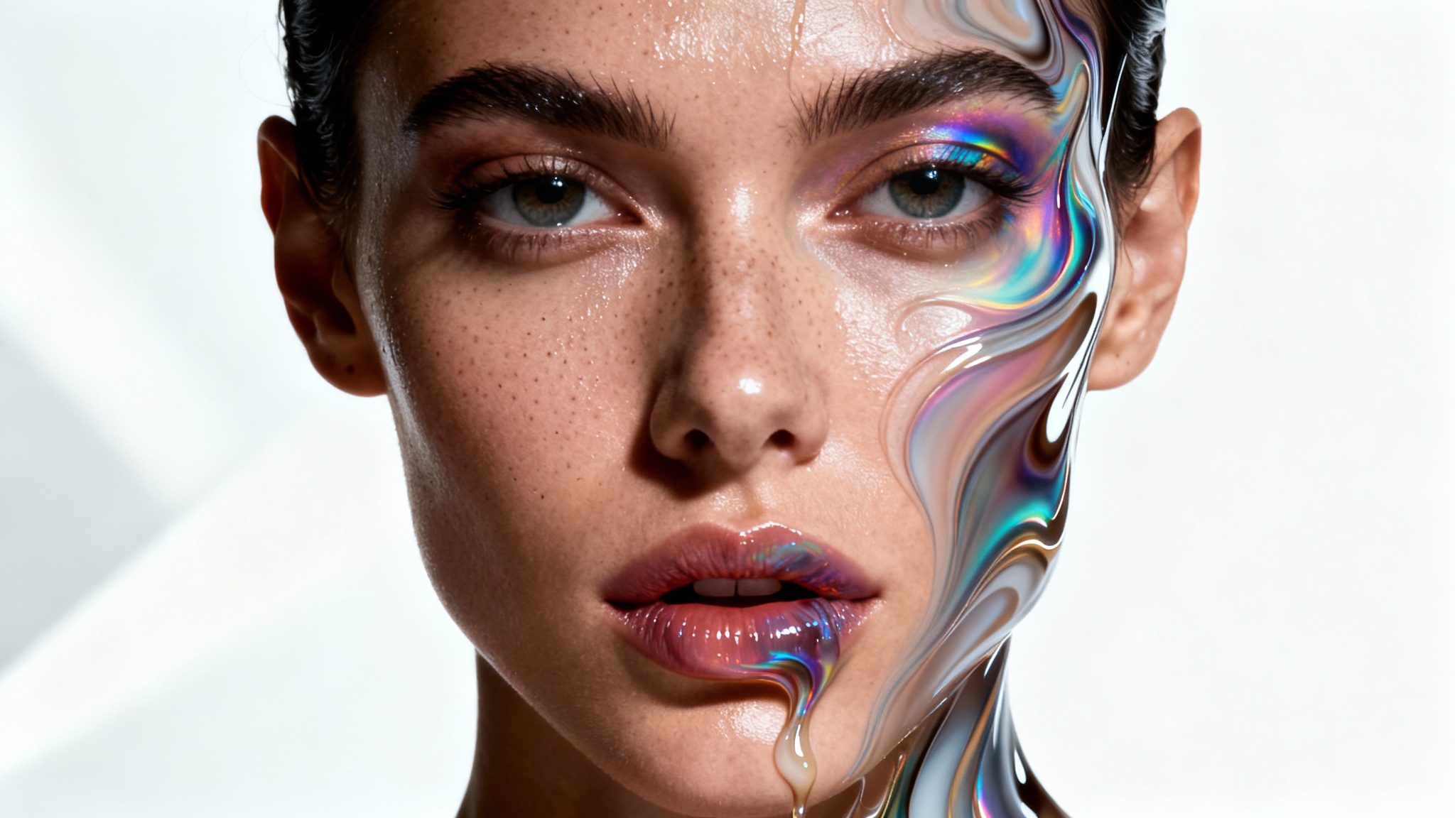 A high-fashion portrait showing a face on a white background. Half of the face is normal and realistic, while the other half is distorted with a digital liquify effect, creating surreal swirls and melting patterns.