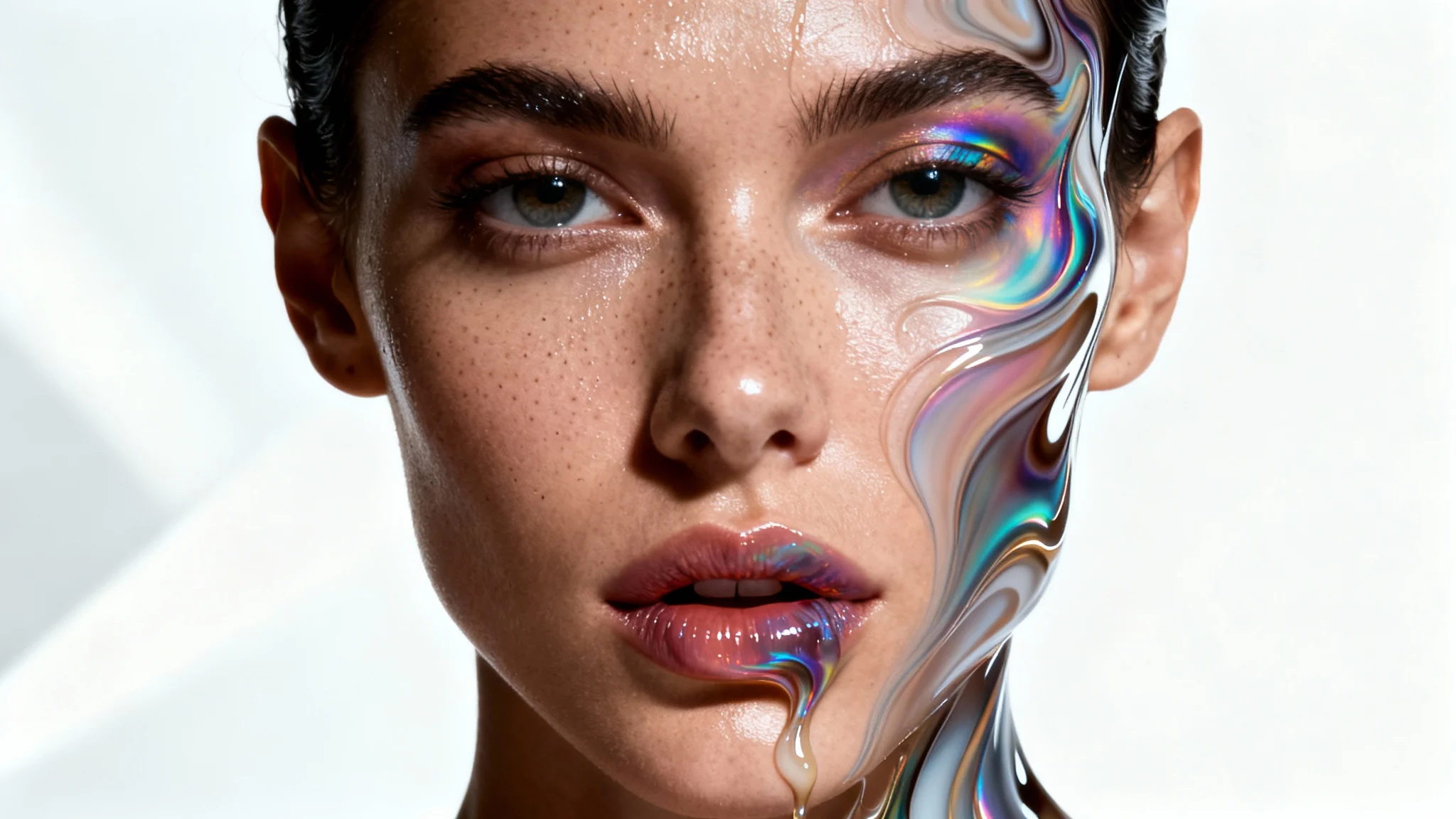 A high-fashion portrait showing a face on a white background. Half of the face is normal and realistic, while the other half is distorted with a digital liquify effect, creating surreal swirls and melting patterns.