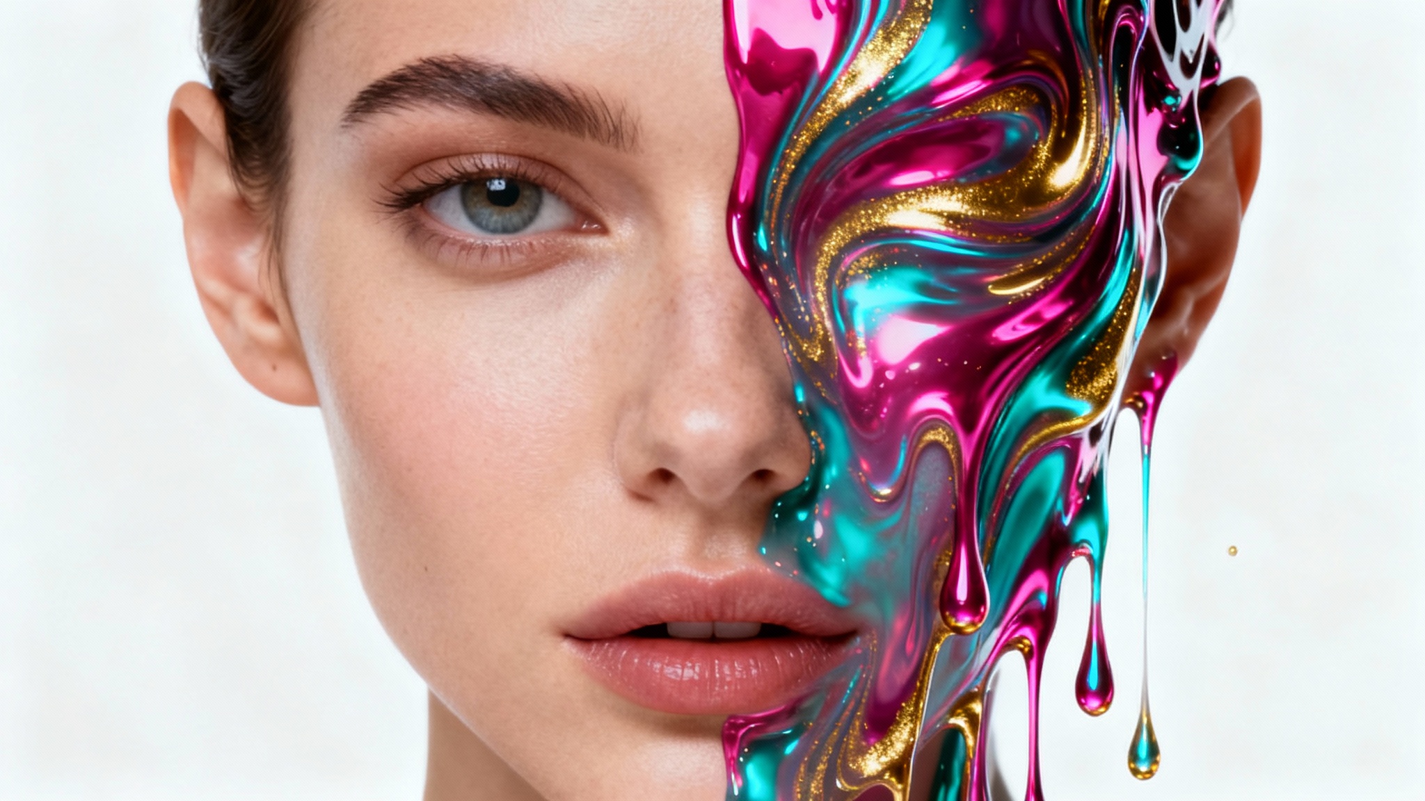 A close-up portrait of a woman's face where one half is photorealistic and the other half is melting into colorful, swirling liquid, demonstrating a liquify effect, all against a plain white background.