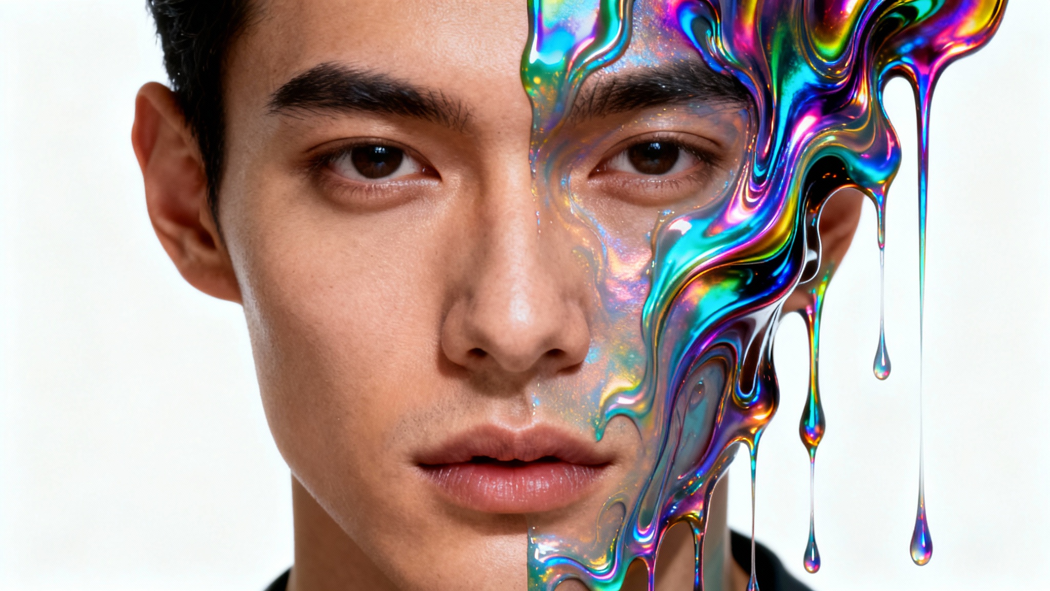 An artistic portrait of a face on a white background, demonstrating a liquify effect. Half the face is normal, while the other half is distorted into colorful, melting swirls.