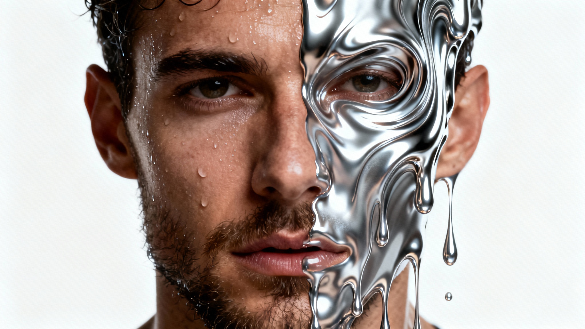 An artistic close-up of a face against a white background, where one side is photorealistic and the other is digitally distorted into a liquid, swirling pattern.