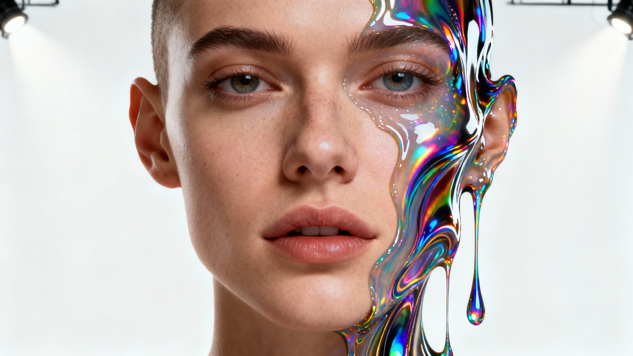 A surrealist portrait of a face, half-normal and half-distorted in a colorful liquid swirl effect, set against a plain white background.