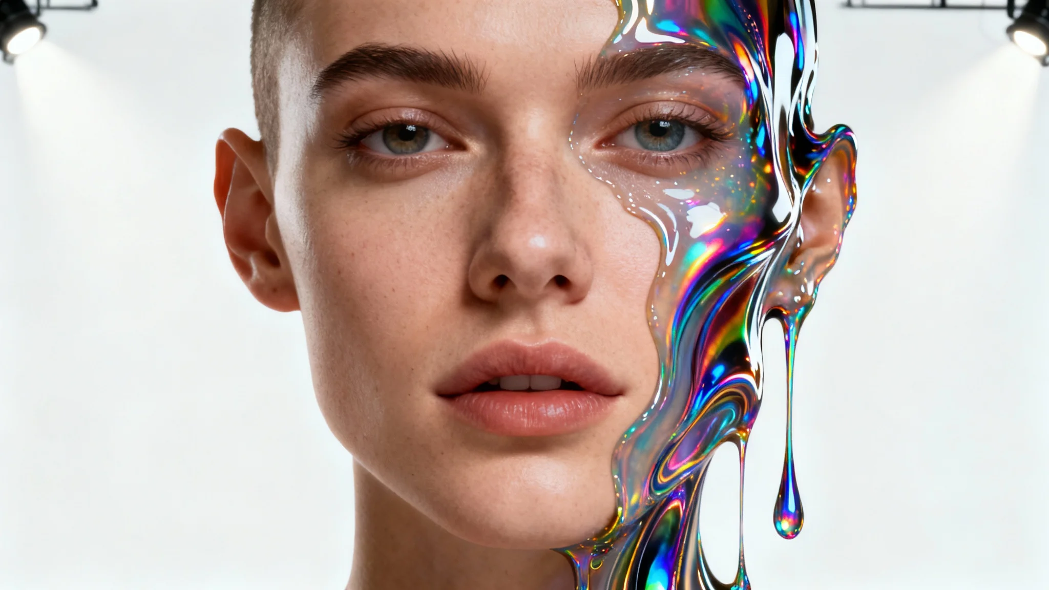 A surrealist portrait of a face, half-normal and half-distorted in a colorful liquid swirl effect, set against a plain white background.