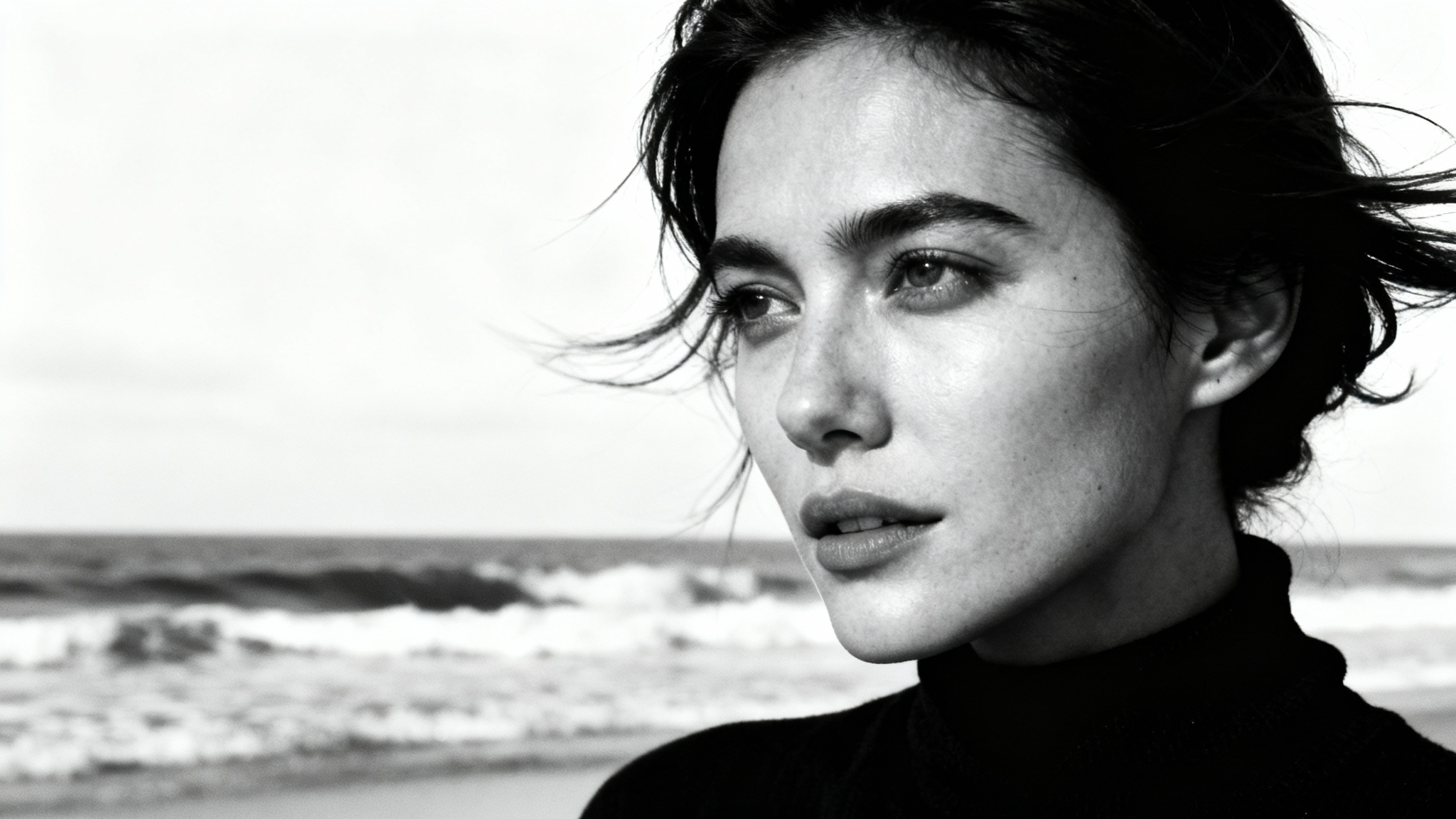 A striking black and white portrait of a woman on a beach, with windswept hair and a serene expression, presented as a photo print against a white background.
