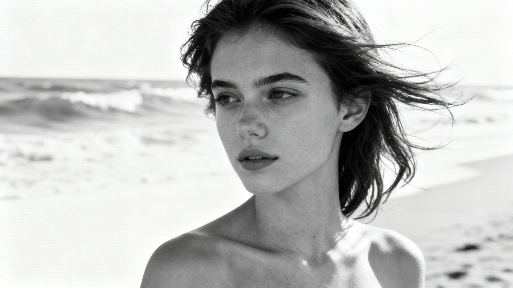 A beautiful black and white portrait of a woman on a beach, displayed as a mockup on a white background.
