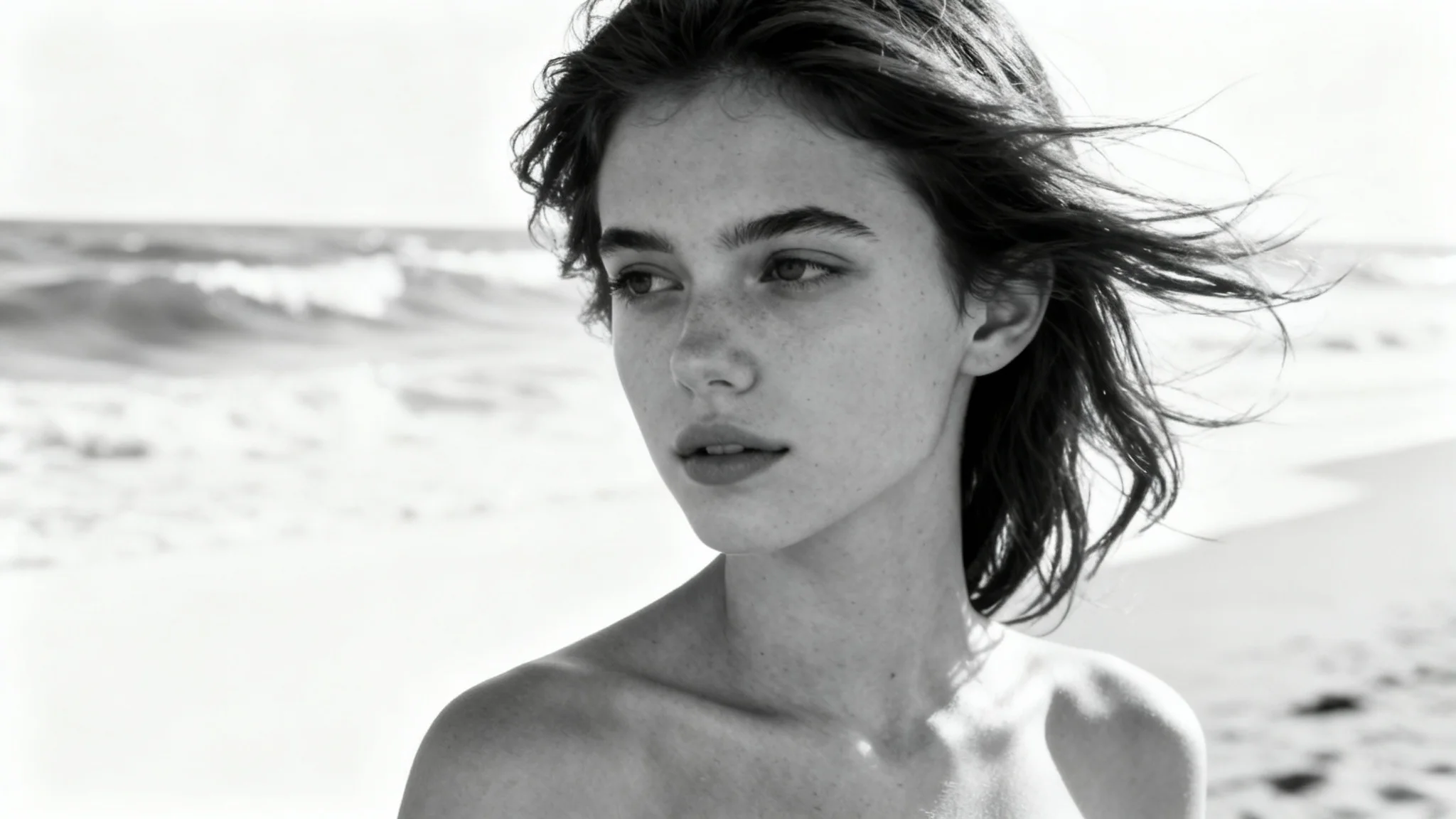 A beautiful black and white portrait of a woman on a beach, displayed as a mockup on a white background.